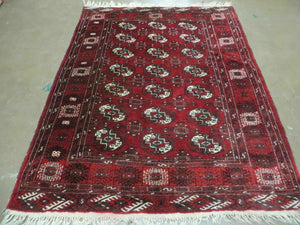 4' 5" X 5' 7" Semi Antique Handmade Afghan Yamud Turkoman Bokhara Wool Rug - Jewel Rugs