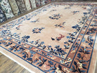 Antique Chinese Peking Area Rug 9x12, Beige & Blue, Hand-Knotted, Peacocks, Chinese Art Deco Carpet, Early 20th Century Rug, Light Colors - Jewel Rugs