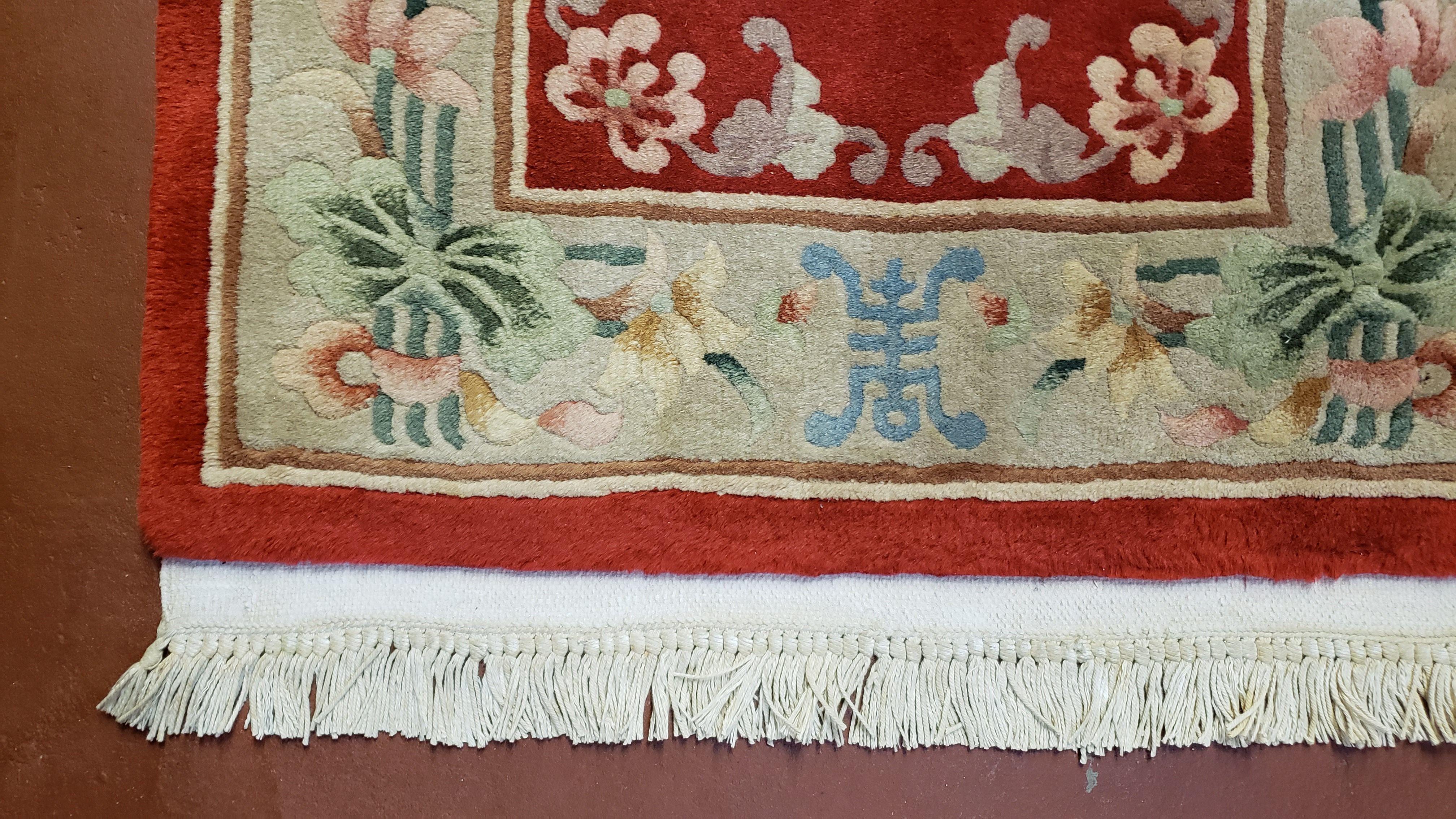 Vintage Chinese Rug, Small Red & Beige Chinese Carpet, Flowers Rug, Hand Knotted Wool Accent Rug, 2' 4" x 4' 8", 2x4, 2x5 - Jewel Rugs