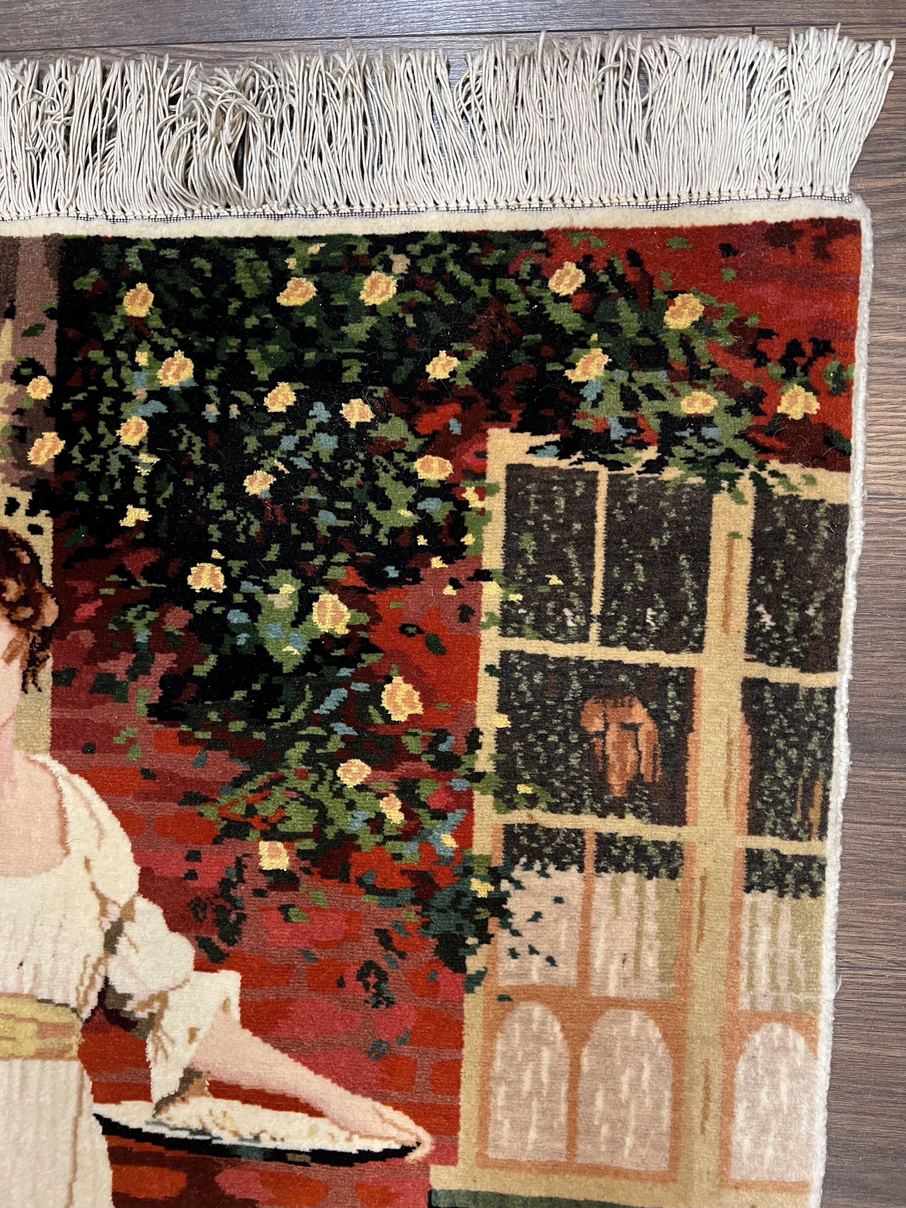 Persian Tabriz Pictorial Rug 2x3, Fine High KPSI Pictorial Carpet, Lady in Front of Home with Chickens 2 x 3 ft Oriental Rug Vintage Handmade Wool - Jewel Rugs