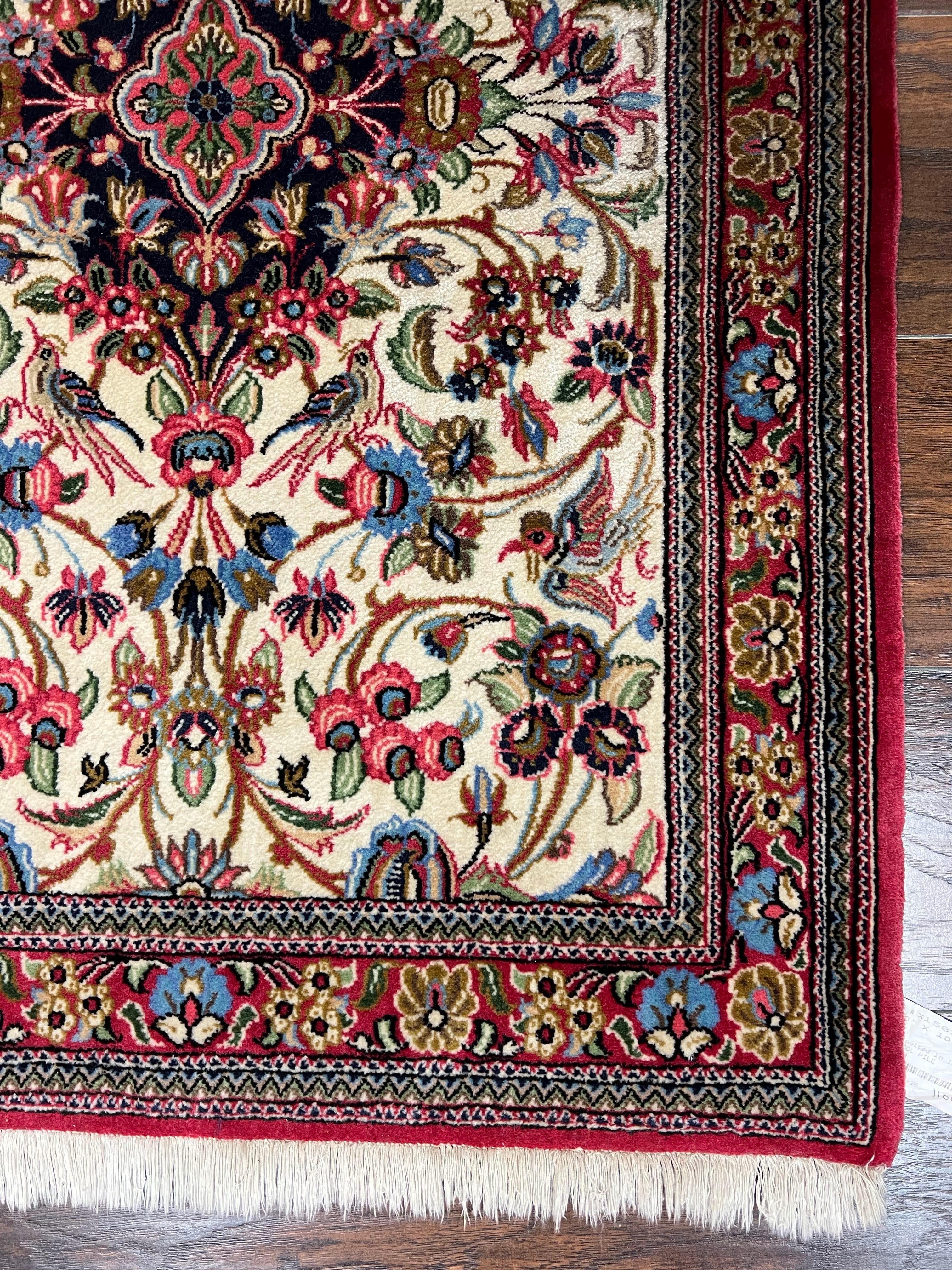 Wonderful Persian Qum Runner Rug 2.8 x 10 ft, Floral Medallions with Bird Motifs, Hand Knotted Wool Fine Oriental 10ft Hallway Runner, Cream Red - Jewel Rugs