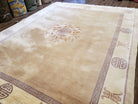 Vintage Chinese Oriental Carpet 8x10, Beige & Cream Chinese Art Deco Rug, Simlpe Design, Hand-Knotted, Soft Wool, Thick Pile - Jewel Rugs