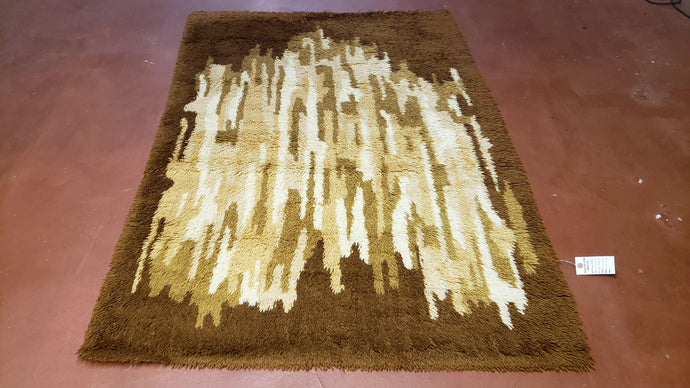 4x6 Rya Shag Rug Mid-Century Modern 1960s Abstract Danish Carpet Heart High-Pile Fluffy Brown Beige Tan Vintage Area Rug - Jewel Rugs