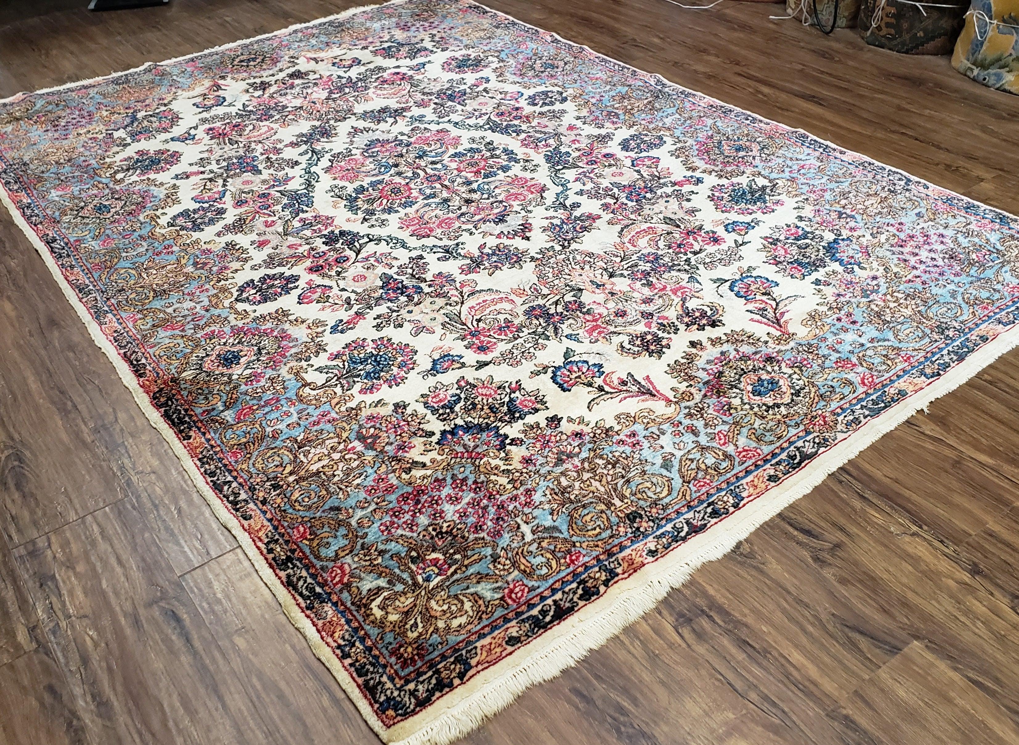 Antique Persian Kirman Rug, Ivory - Light Blue - Rose, Hand-Knotted, Wool, 5' 11" x 8' 11" - Jewel Rugs