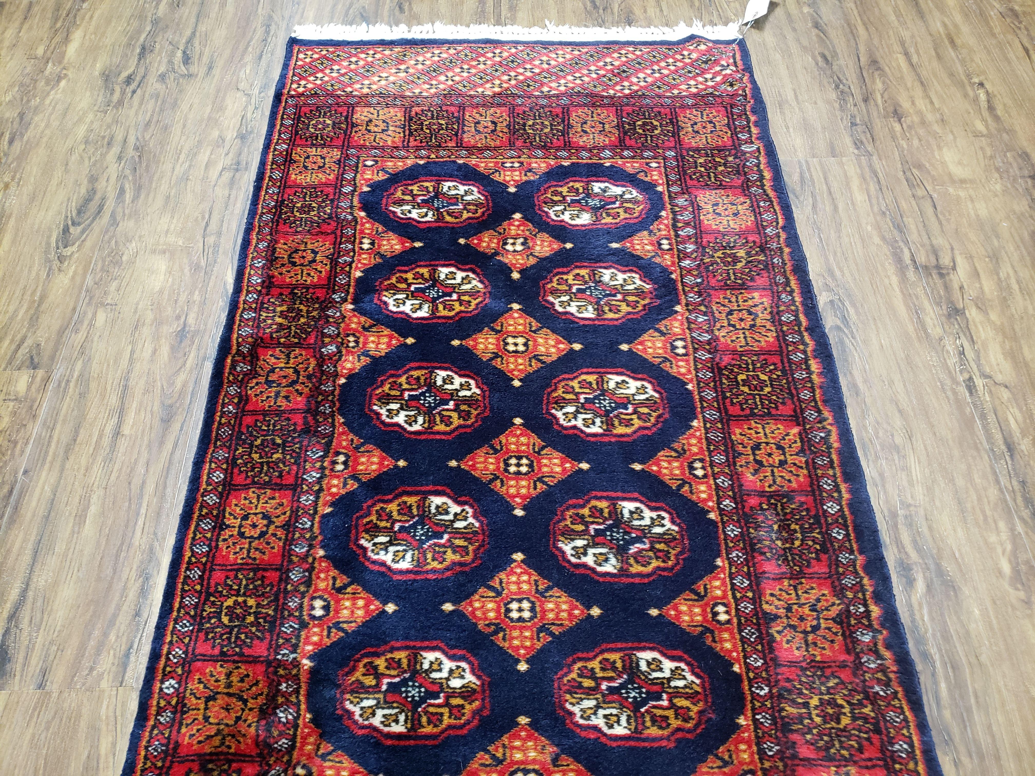 Vintage Turkoman Runner Rug, Hand-Knotted, Wool, Midnight Blue & Red, Oriental Runner, Turkmen Yamud Pakistan Rug 10ft Runner, 2'7" x 10' 3" - Jewel Rugs