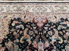 Stunning Sino Persian Rug 8x10, Elegant High Quality Handmade Carpet, Wool and Silk, Medallion with Corner Design, Floral, Black Ivory, Fine - Jewel Rugs