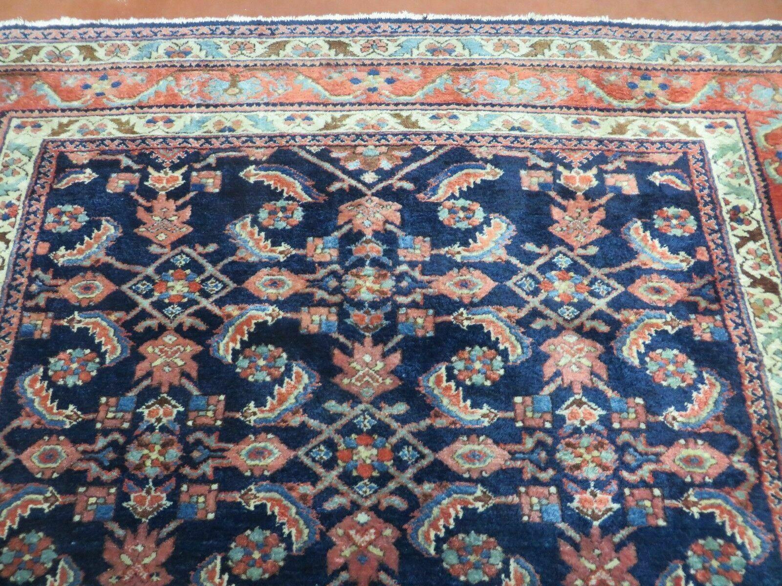 Antique Persian Lilihan Rug 5x7, Wool Hand Knotted Oriental Carpet 5 x 7 ft, Herati Pattern Navy Blue & Red-Orange Medium Sized Handmade Vintage Rug - Jewel Rugs