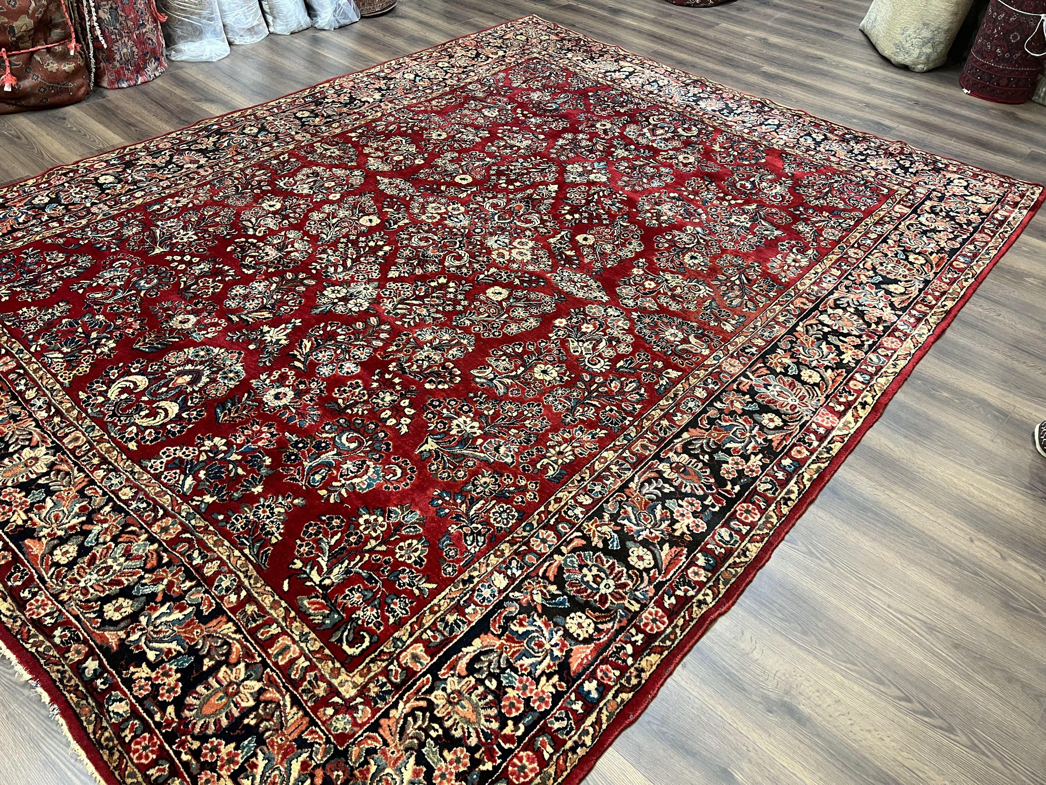 Wonderful Red Persian Sarouk Rug 9x12, 1920s Antique Persian Carpet, Floral Allover Hand Knotted Wool Oriental Rug, Room Sized Rug, Living Room Rug - Jewel Rugs