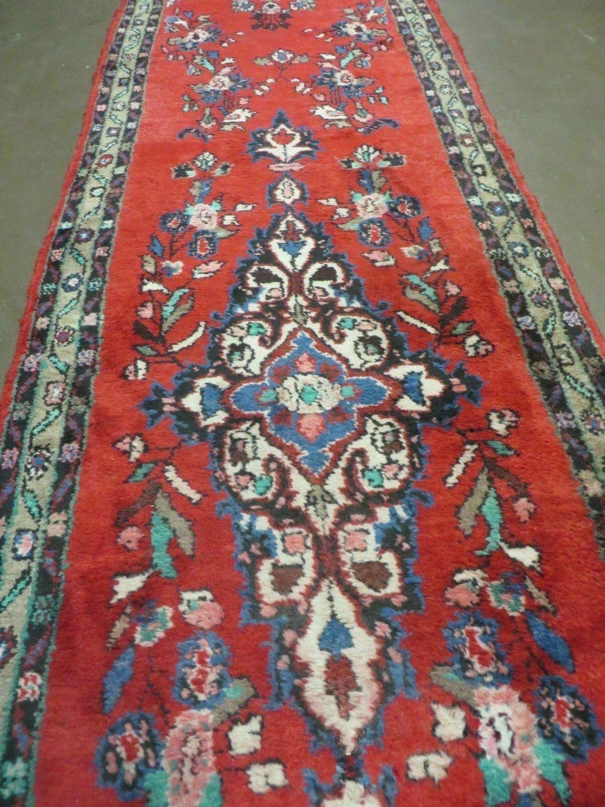 3' 3" X 17' Antique Handmade Indian Wool Runner Rug Red Vegetable Dyes Nice - Jewel Rugs