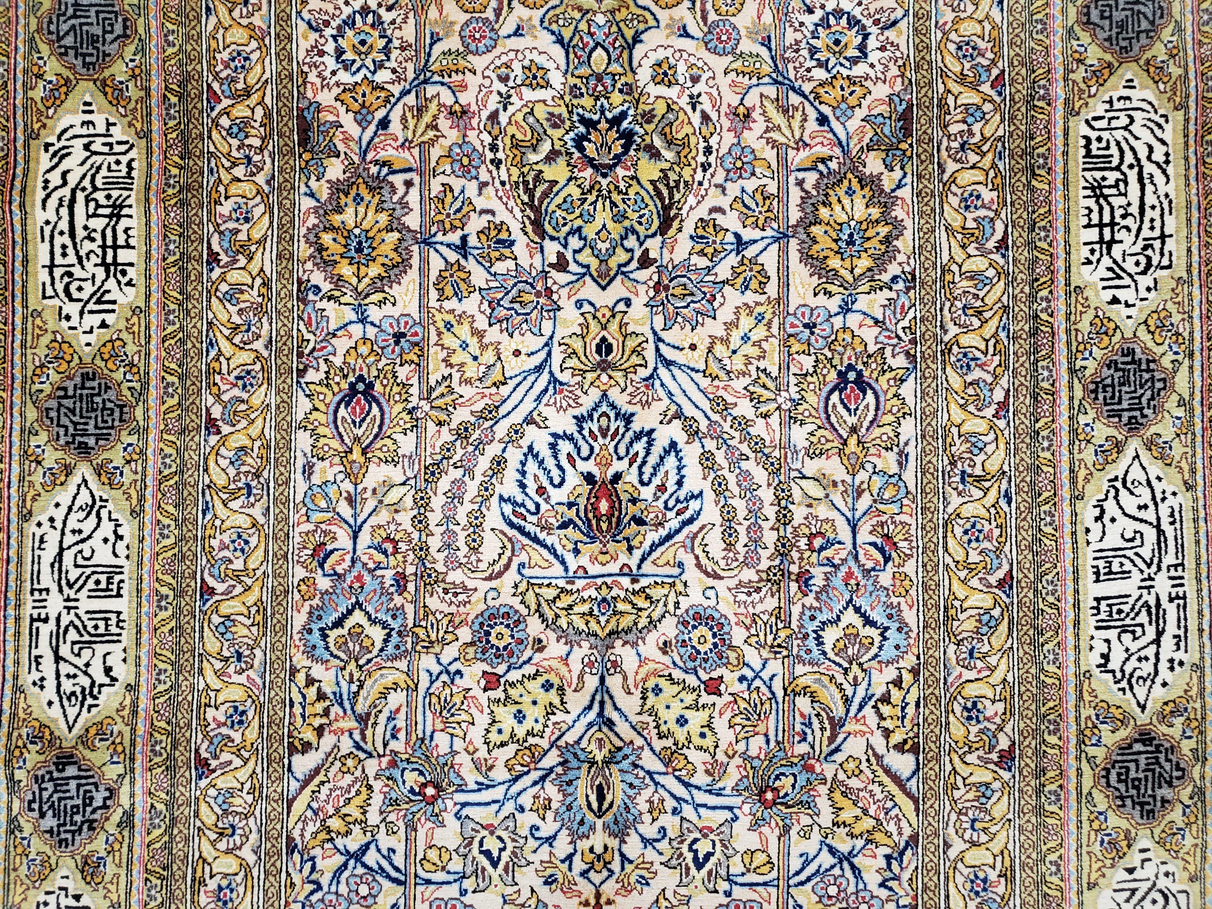 Stunning Persian Qum Rug 5x9, Poetic Writing In Borders, Highly Detailed Handmade Antique Carpet 5'3" x 8'6", Cream Gold Blue, Kork Wool - Jewel Rugs