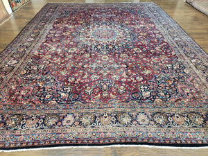 Antique Persian Mashad Rug, Palace Size, Hand-Knotted, Wool, Allover Floral with Medallion, Ruby Red and Dark Blue, 11' x 15' - Jewel Rugs