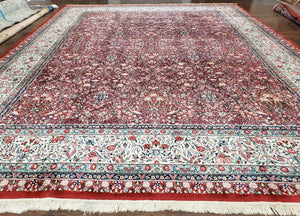 Oversized Pak Persian Rug 11x15, Large Wool Palace Carpet, Red and Ivory, Millefleur Allover Floral Pattern, Vintage Handmade Oriental Rug - Jewel Rugs