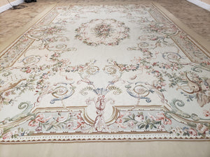 Oversized Aubusson Savonnerie Rug, French Victorian Design, Vintage Aubusson Area Rug, 11x17 Rug, Chinese Aubusson, Floral Bouquets, Beige - Jewel Rugs