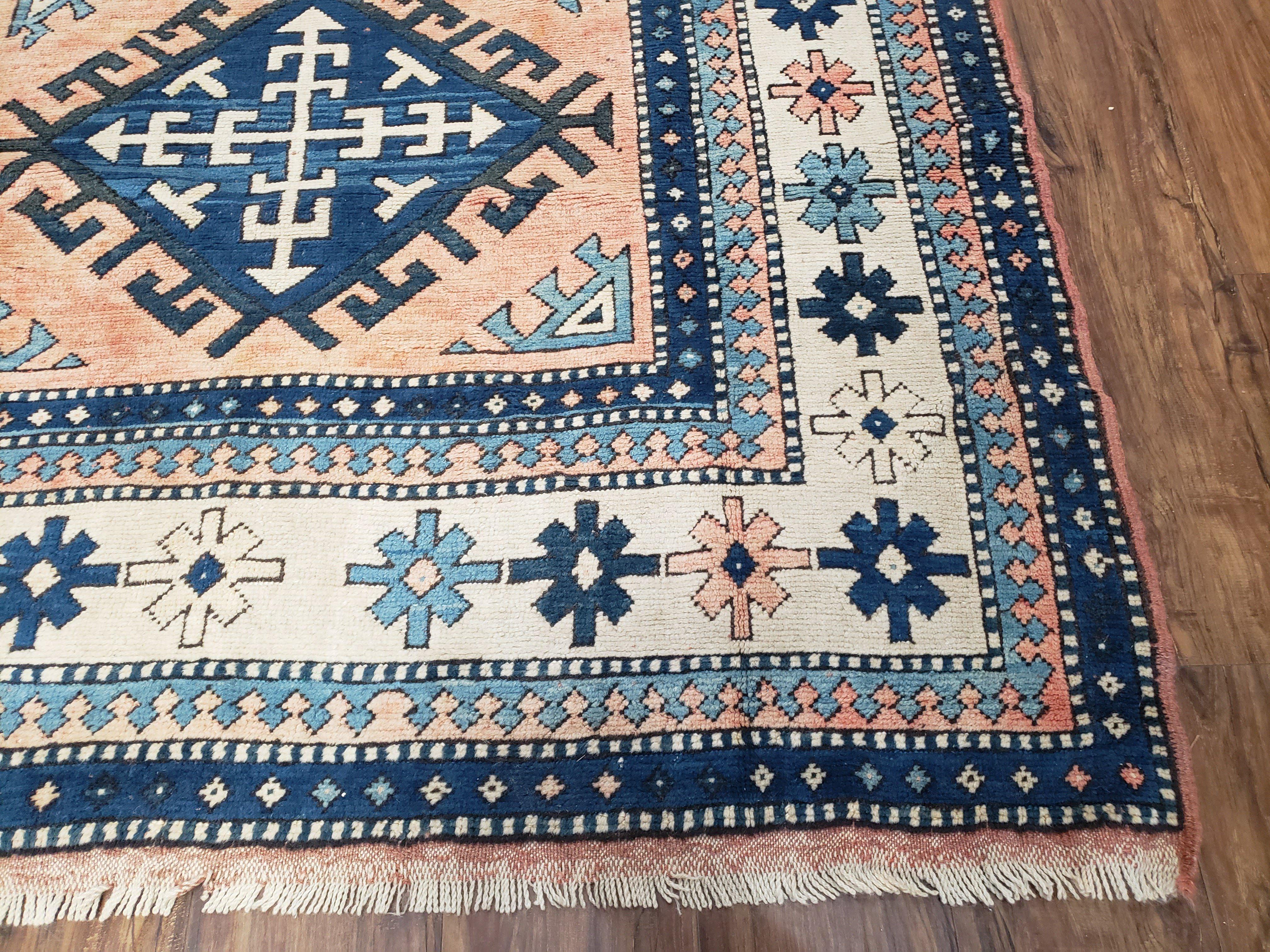 Turkish Kazak Rug 5x8 ft, Bold Geometric Bohemian Carpet, Blue and Ivory Hand Knotted Area Rug, Medium Sized High Quality Wool Oriental Rug - Jewel Rugs