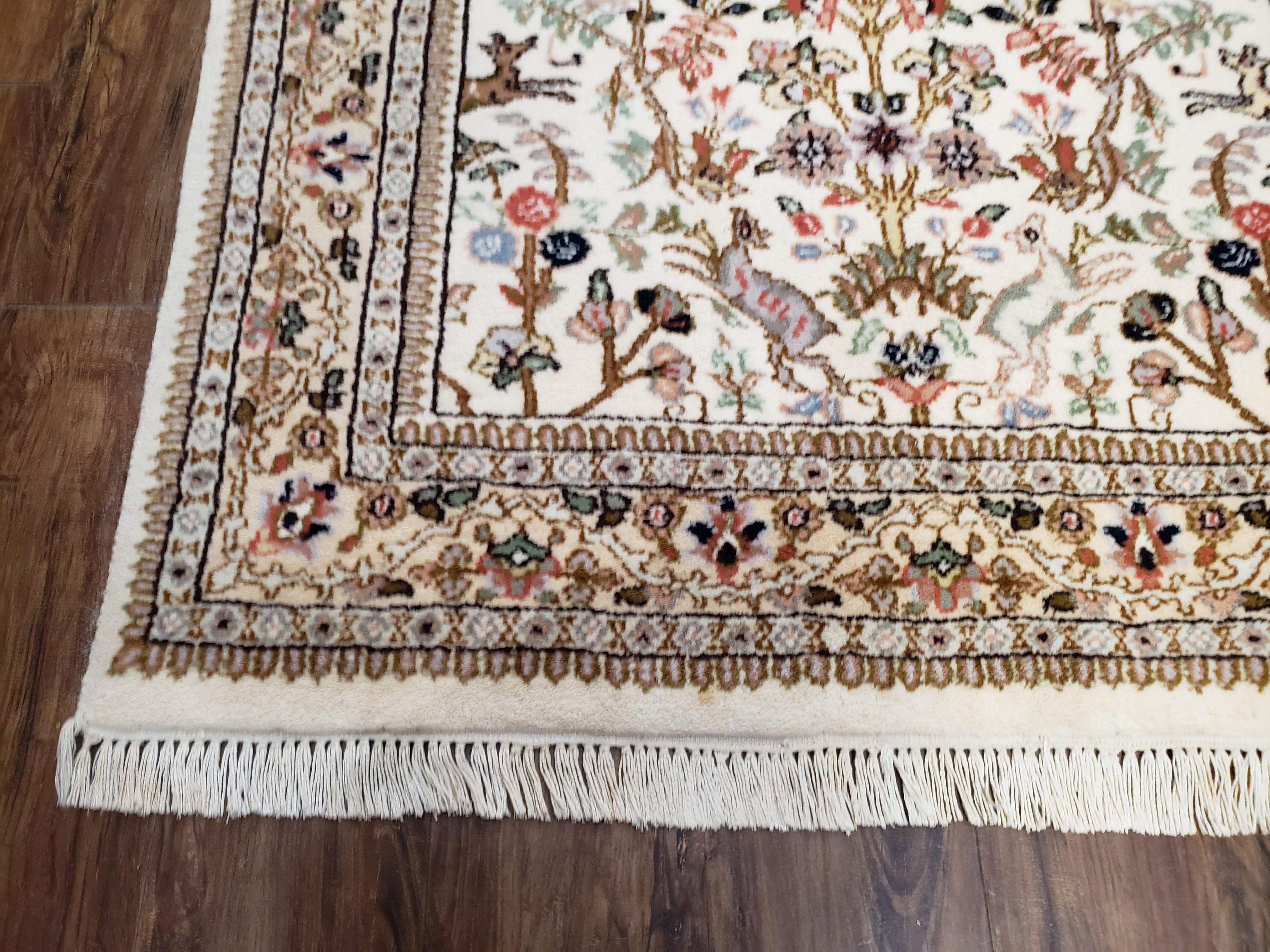 Indo Persian Rug 4x6, Tree of Life Rug, Animal Motifs, Deer Peacocks Birds, Ivory and Cream, Hand-Knotted Soft Wool Pile Indian Carpet 4 x 6 - Jewel Rugs