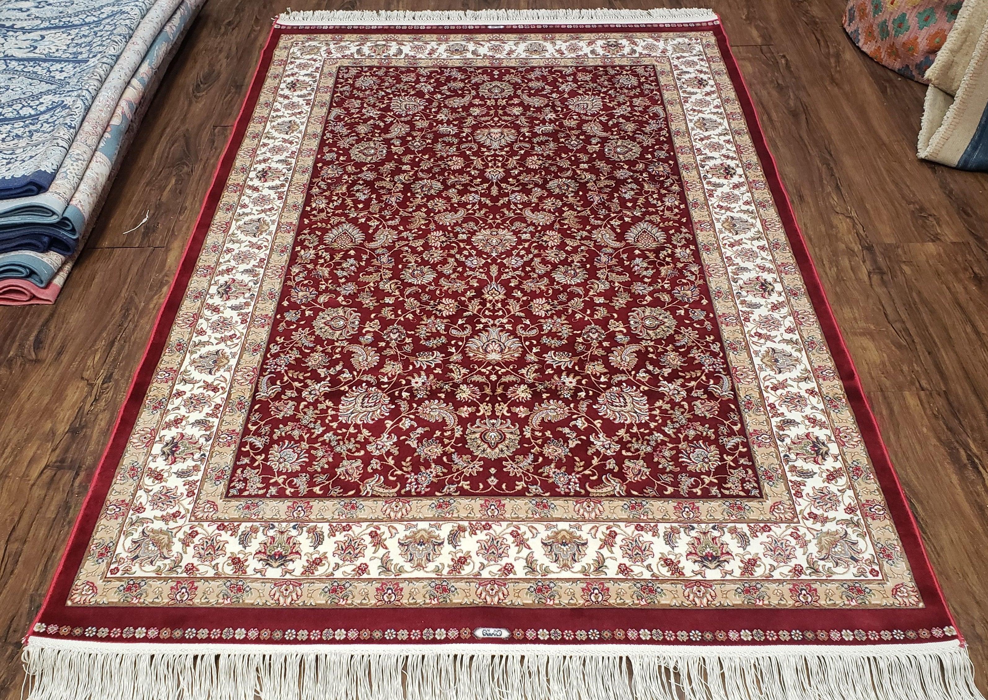 Dark Red Silk Carpet 4 by 6 Oriental Rug, Cream, Allover Pattern, Persian Design, Bamboo Silk, Mint Condition, Super Soft, Fine, Top Quality - Jewel Rugs