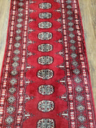 Vintage Bokhara Runner Rug 2.6 x 14, Wool Hand-Knotted Red & Ivory Pakistani Turkoman Yamud Hallway Carpet, Long Skinny Oriental Runner 14ft - Jewel Rugs