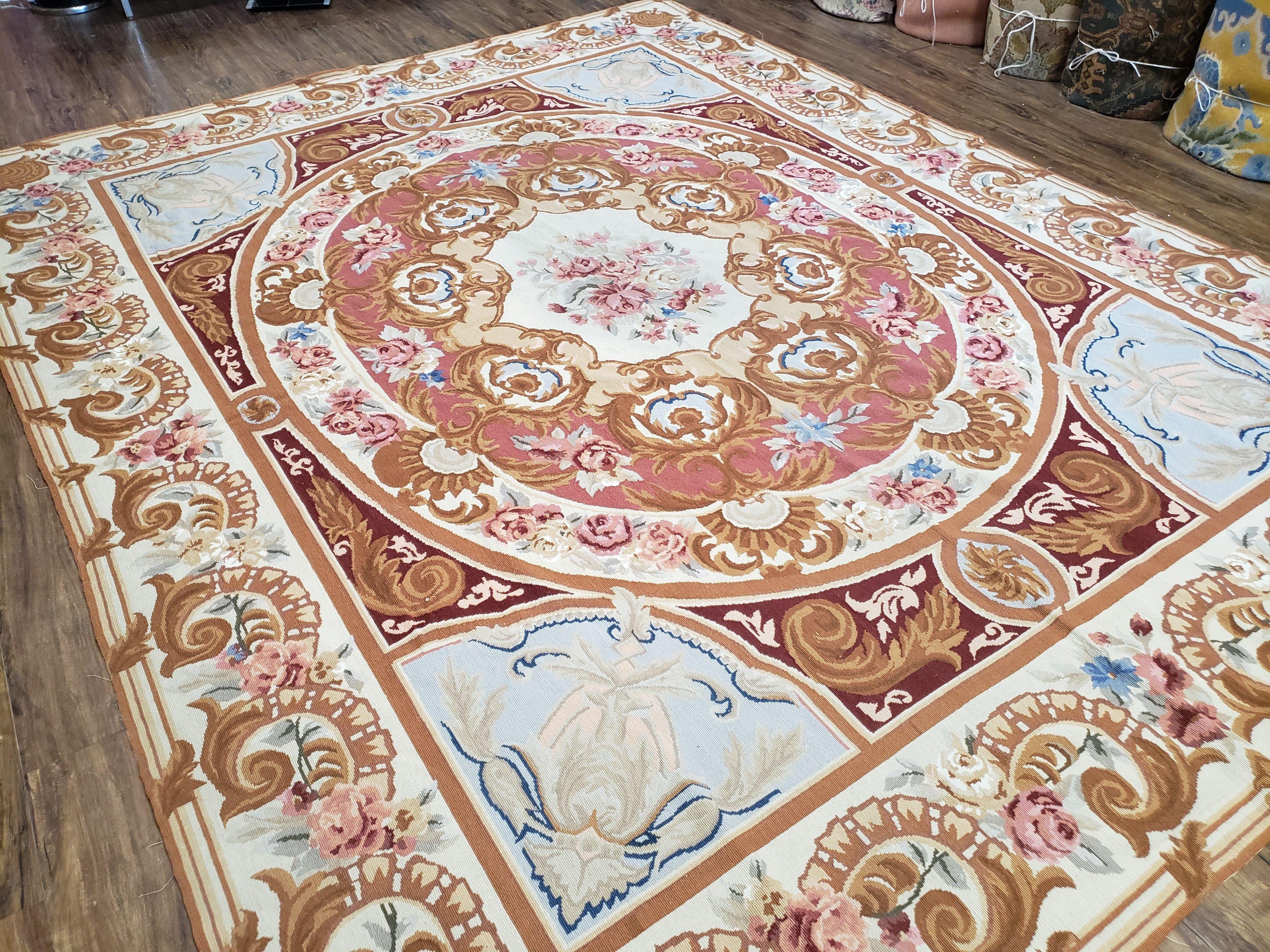 Vintage Aubusson Needlepoint Area Rug 8x10, Brown Ivory Hibiscus Red & Light Blue, Hand-Knotted Wool Carpet Chinese Savonnerie Flatweave Rug - Jewel Rugs