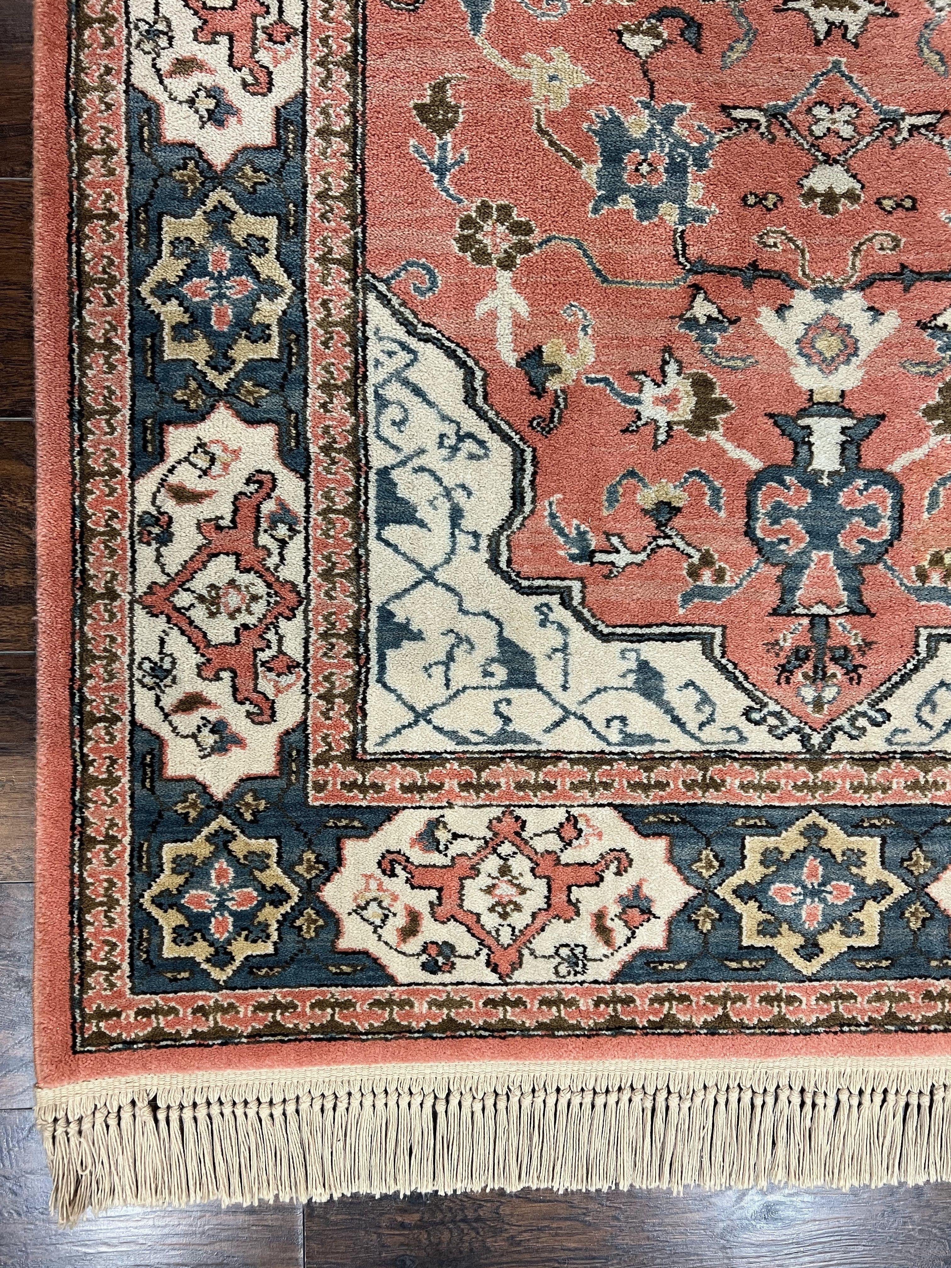 Karastan Rug 4x6 Bergama Design #737, Karastan Area Rug, Vintage Wool Karastan Carpet, Original Collection 700 Series, Salmon Red Light Blue - Jewel Rugs