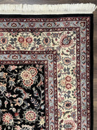 Pak Persian Rug 9x12, Floral Allover, Hand Knotted Oriental Carpet 9 x 12 ft, Black and Cream, Detailed, Wool with Silk Highlights, Vintage - Jewel Rugs