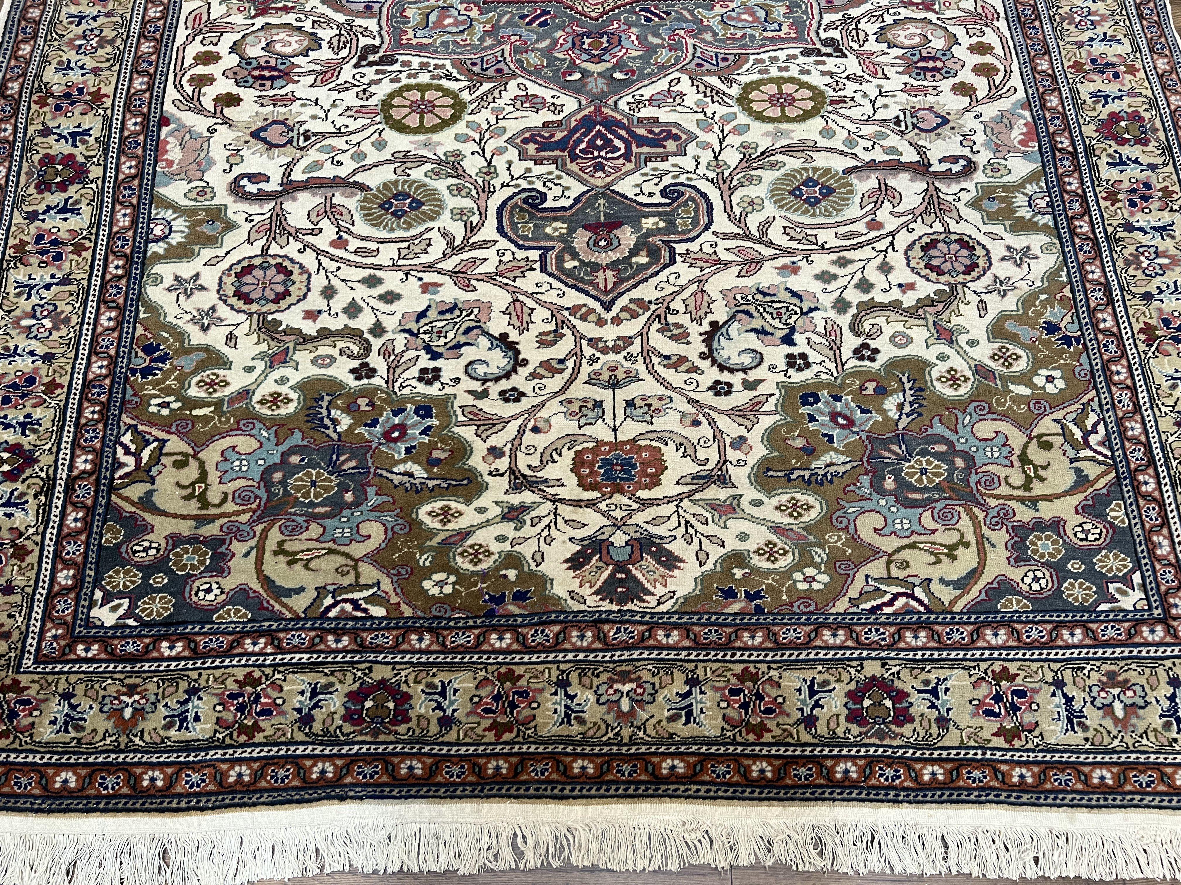Turkish Sivas Rug 7x9, Vintage Wool Hand-Knotted Carpet, Ivory Cream Purple Tan, Floral Medallion Rug, Fine Oriental Carpet, Medium Size Rug - Jewel Rugs