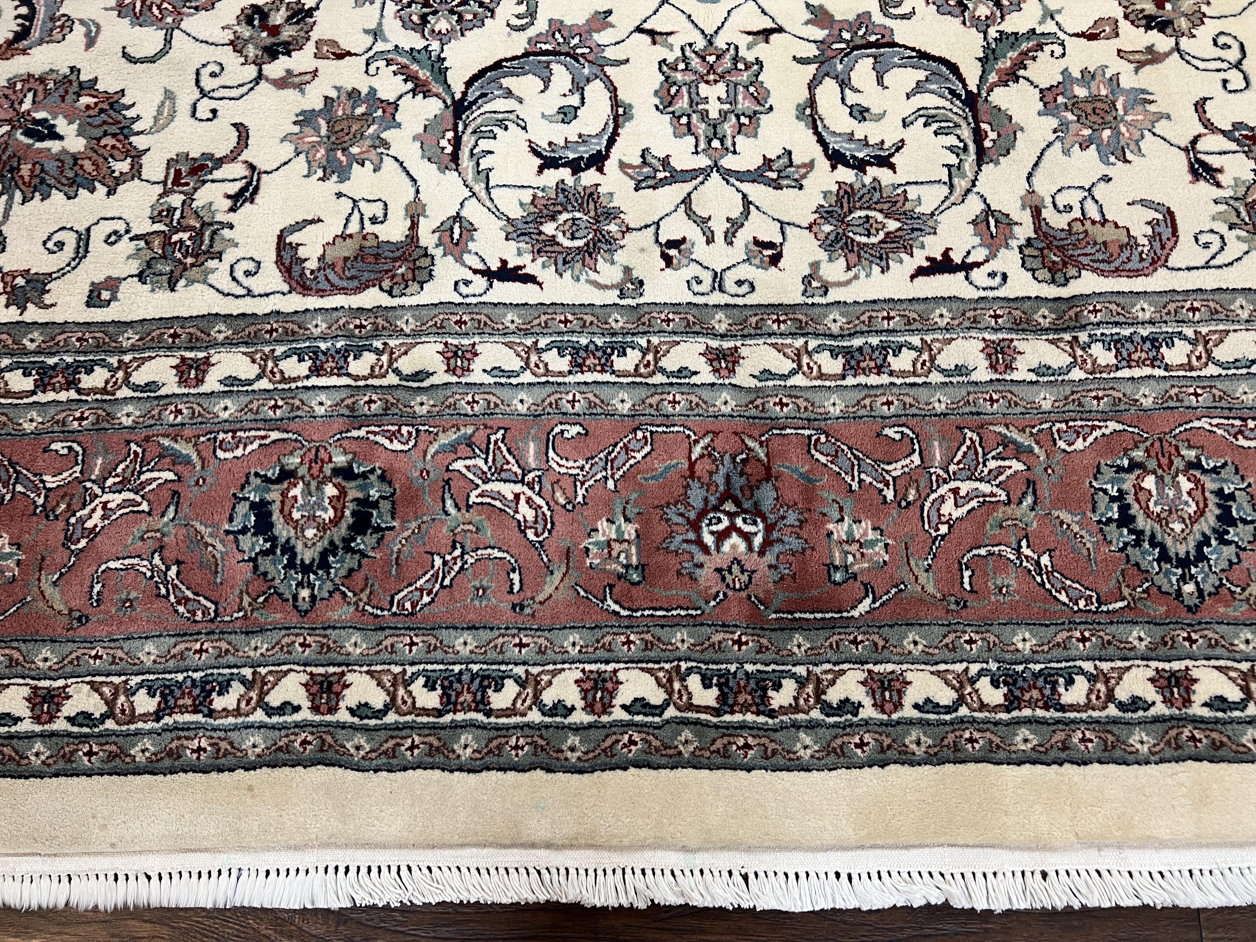 Indo Persian Rug 9x12, Persian Design Carpet, Room Sized Traditional Oriental Rug 9 x 12, Allover Floral Pattern, Cream and Red, Handmade - Jewel Rugs