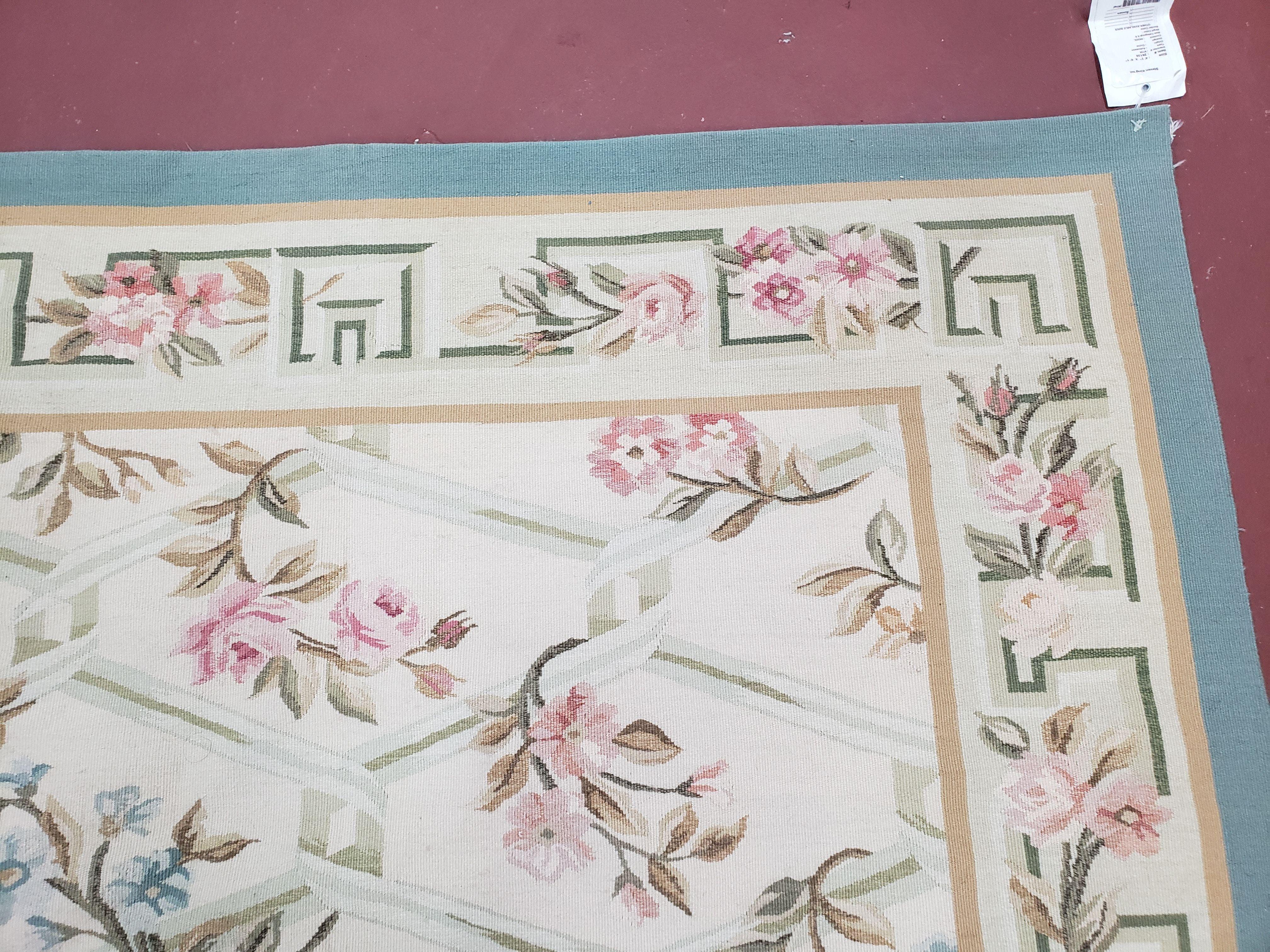 Vintage Aubusson Area Rug, Aubusson Flat weave Carpet, Floral Geometric Pattern, Beige Teal Green, 4x6 Rug, European Design - Jewel Rugs