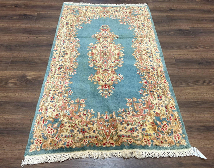 Persian Kirman Rug 3x5, Oriental Persian Carpet 3 x 5, Wool Vintage Hand-Knotted Rug Floral Medallion Semi Open Field Small Light Blue Beige - Jewel Rugs