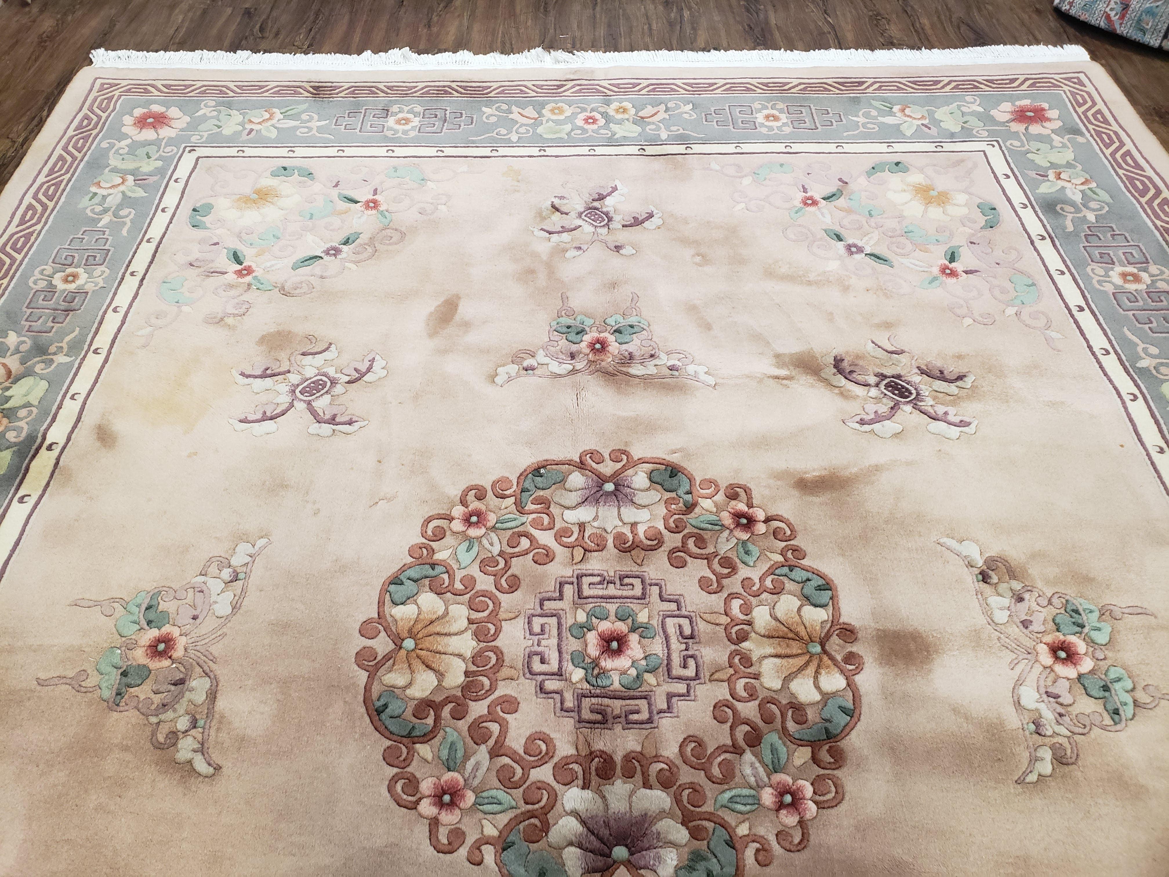 90 Line Chinese Rug 8x10, Chinese Art Deco Rug, Vintage Plush Area Rug, Butterflies Flowers, Beige and Gray Carpet, Bedroom Living Room Rug - Jewel Rugs