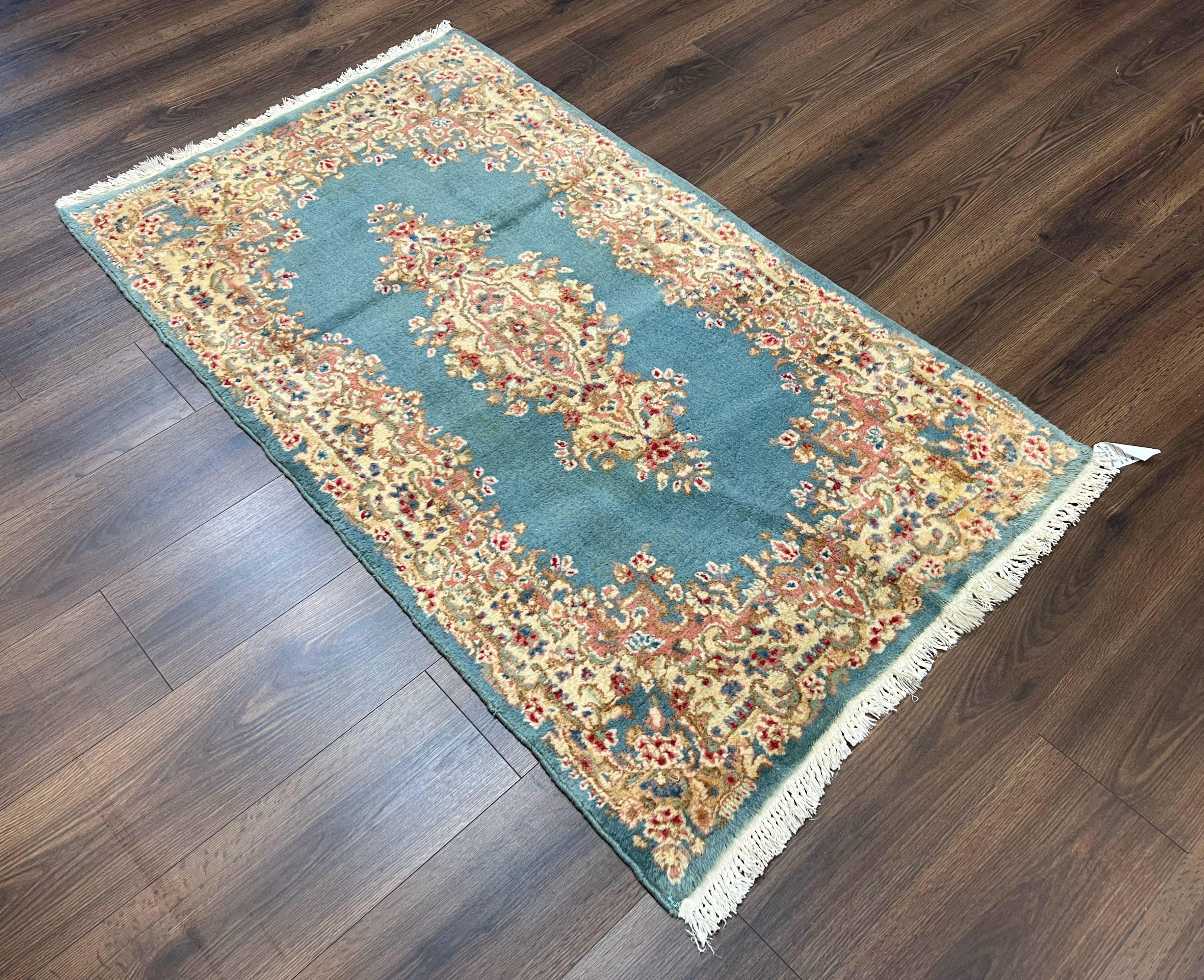 Persian Kirman Rug 3x5, Oriental Persian Carpet 3 x 5, Wool Vintage Hand-Knotted Rug Floral Medallion Semi Open Field Small Light Blue Beige - Jewel Rugs