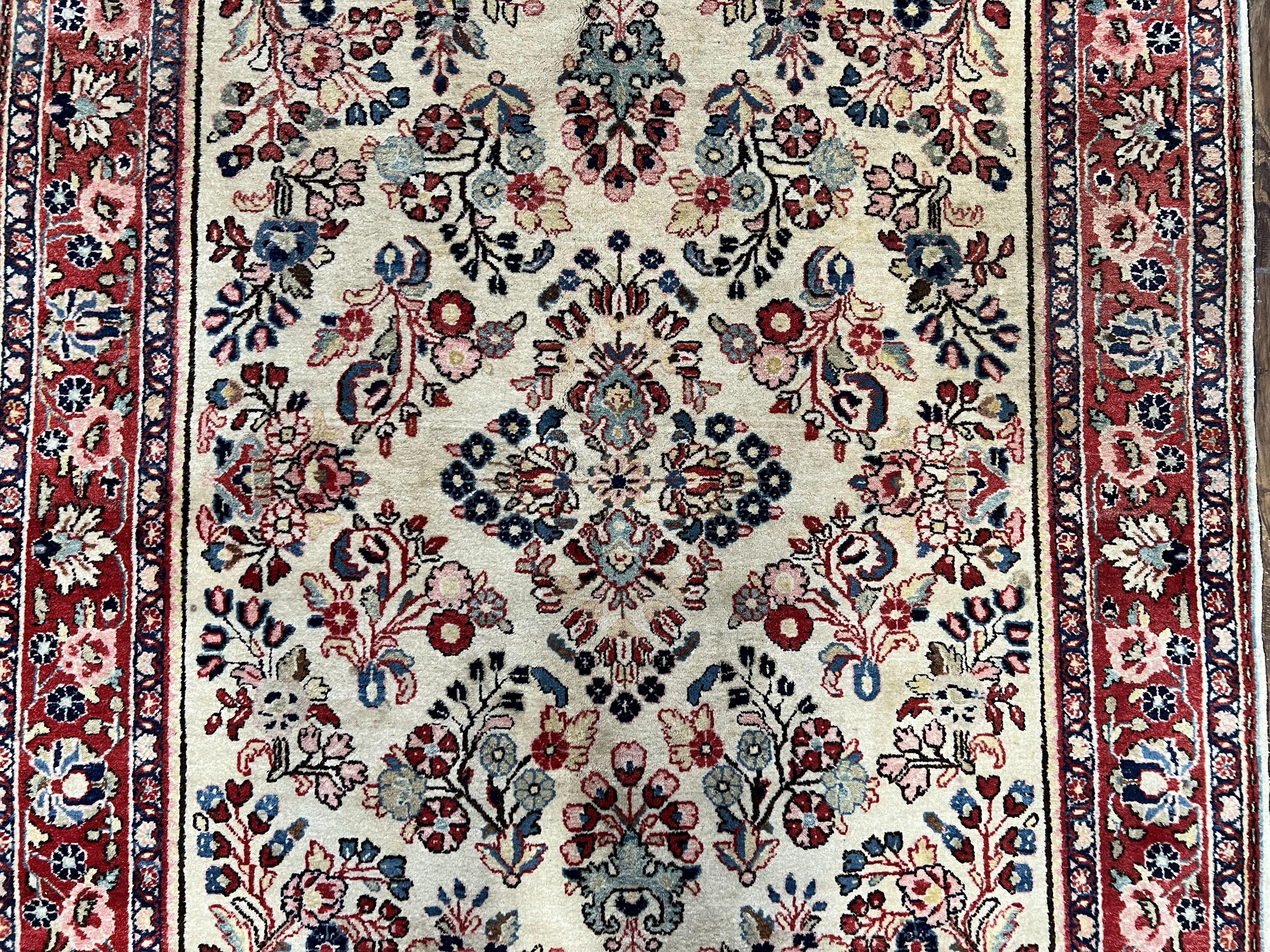 Vintage Persian Sarouk Carpet 4.2 x 6.8, Light Colored Field, Wool Persian Rug 4x7, Hand-Knotted Rug, Allover Floral Pattern, Cream Red Blue, Nice - Jewel Rugs