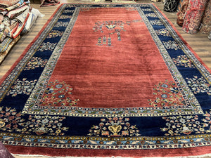 Large Persian Sarouk Rug 10x17, Open Field, Red and Navy Blue, Palace Sized Oversized Hand Knotted Wool Oriental Carpet Flowers Vases Antique 1920s - Jewel Rugs