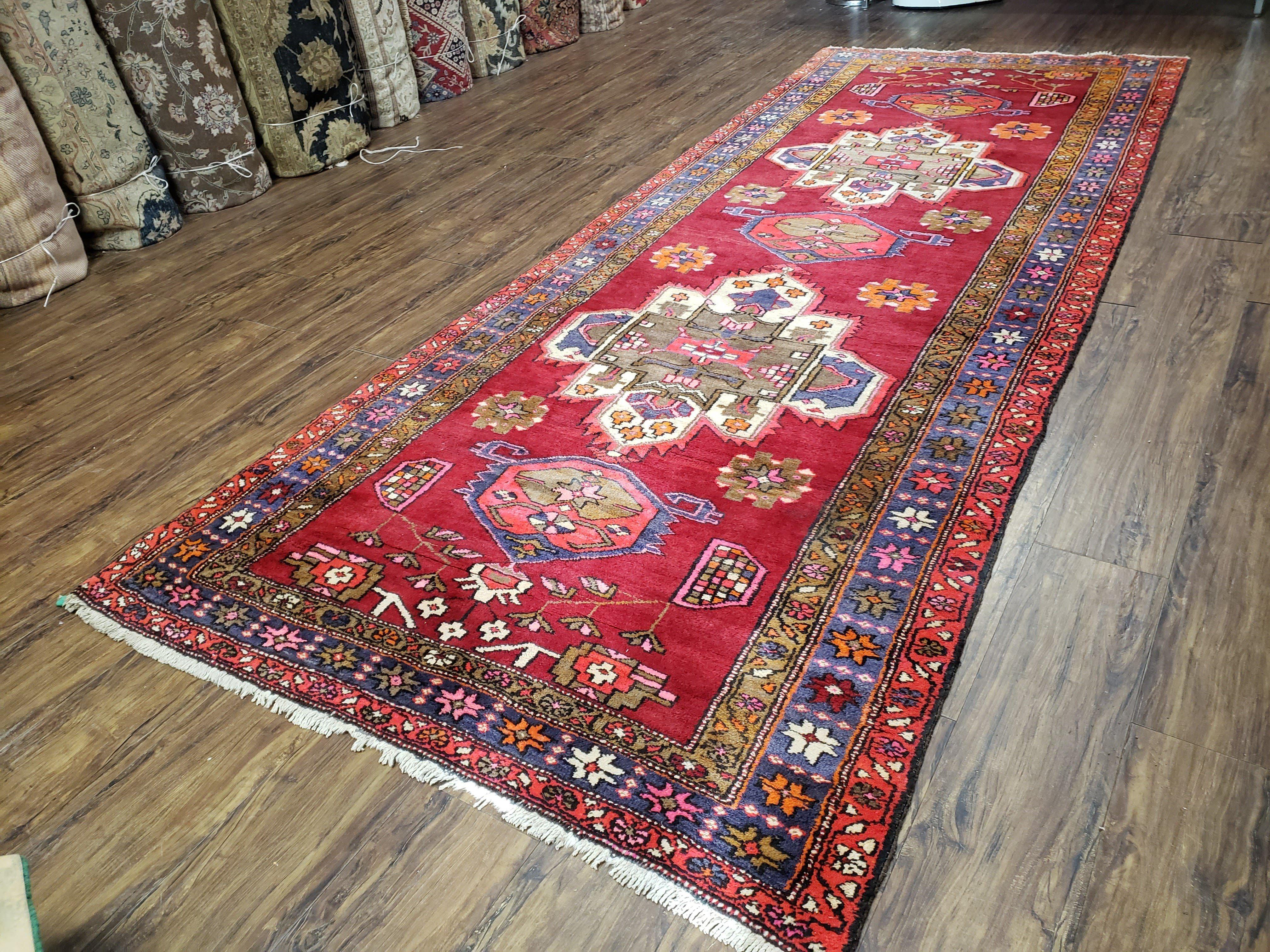 Semi Antique Persian Karajeh Runner Rug, Hand-Knotted, Wool, Medallions, 4'4" x 11' - Jewel Rugs