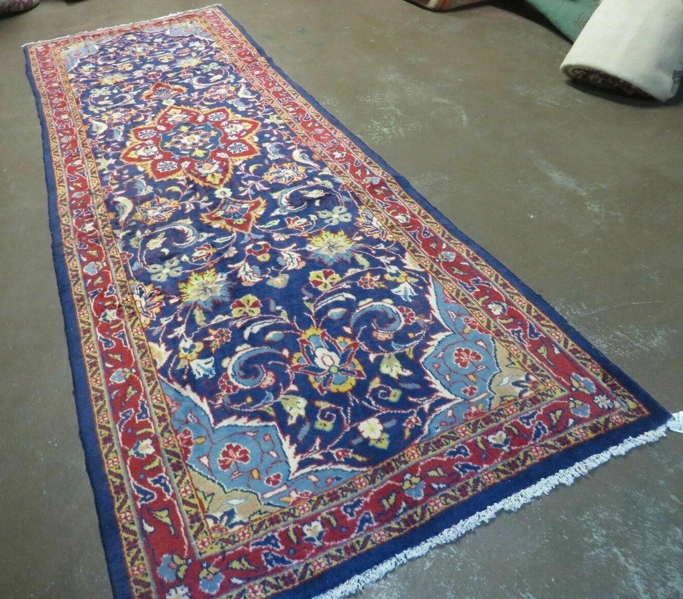 Persian Runner Rug 3.2 x 9.7, Antique Persian Hamadan Blue Wool Runner, Floral Medallion, Red and Blue, Hand Knotted Hallway Kitchen Runner Rug Nice - Jewel Rugs