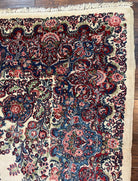 Beautiful Oversized Persian Kirman Rug 9x18 ft, Palace Sized Wool Handmade Oriental Carpet 9 x 18, Ivory Cream Dark Red Blue, 1940s Vintage Floral - Jewel Rugs