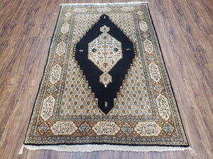 Persian Silk Qum Rug, Silk on Silk, Black Golden Brown and Beige, Hand-Knotted, 3'6" x 5' 5" - Jewel Rugs