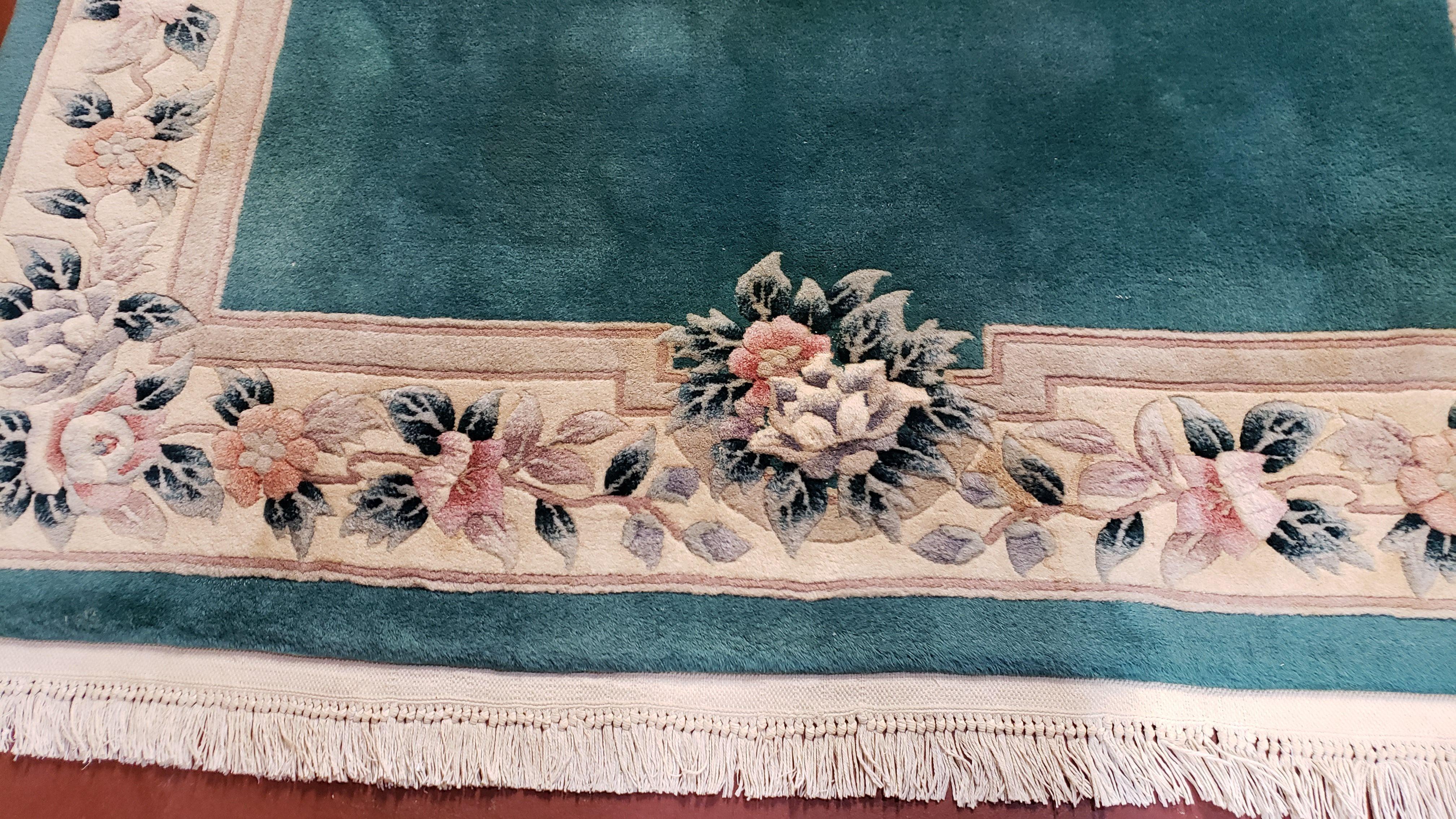 Teal Chinese Rug 6x9, Vintage Chinese Wool Carpet, Aubusson Pattern, Beige Border, Floral Design, Handmade Area Rug, Soft Plush Pile - Jewel Rugs