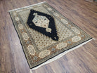 Persian Silk Qum Rug, Silk on Silk, Black Golden Brown and Beige, Hand-Knotted, 3'6" x 5' 5" - Jewel Rugs