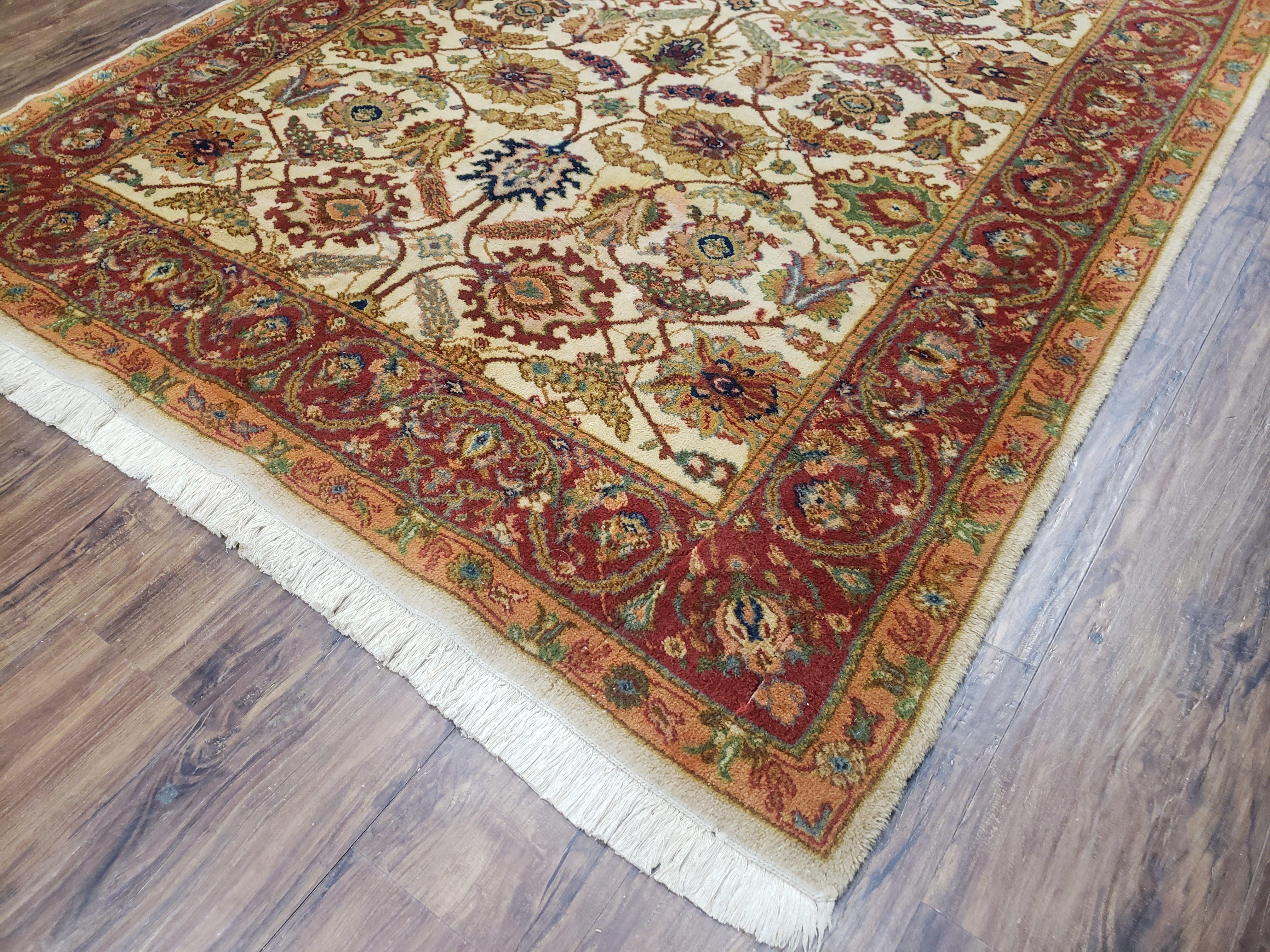 Karastan Rug English Manor Stratford #2120, Discontinued Karastan Carpet 5'2" x 7' 8", Cream & Red Vintage Karastan Wool Traditional Rugs - Jewel Rugs