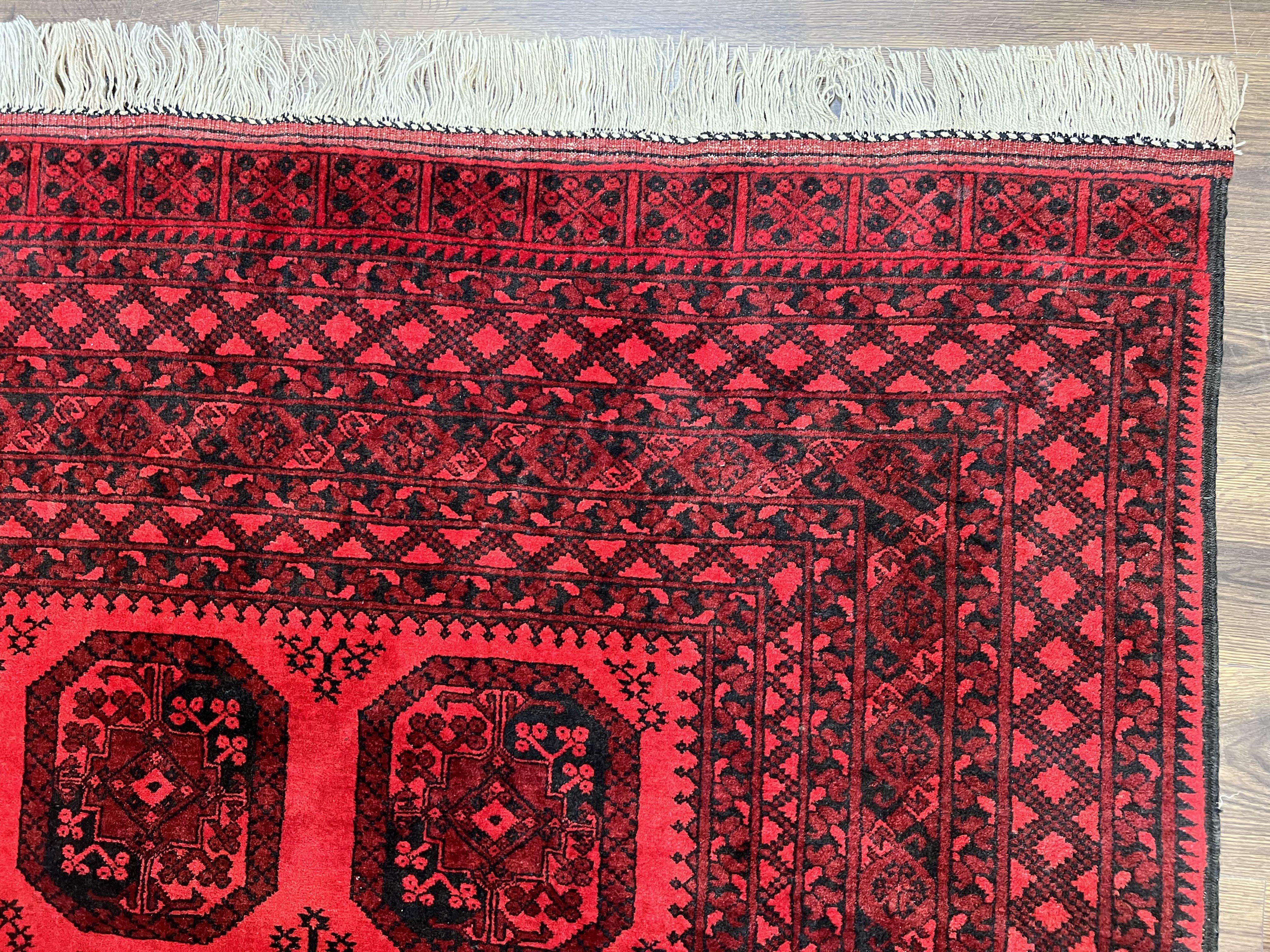 Afghan Turkoman Rug 7x10, Vintage Yamud Beshir Bokhara Carpet, Red and Black Bukhara Hand-Knotted Oriental Wool Handmade Rug, Elephant Foot - Jewel Rugs