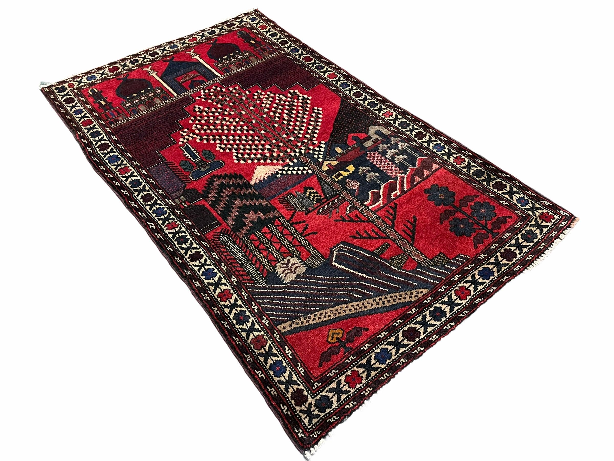 3x5 New Vintage Handmade Tribal Balouchi Rug Organic Dyes Red Buildings Nature - Jewel Rugs