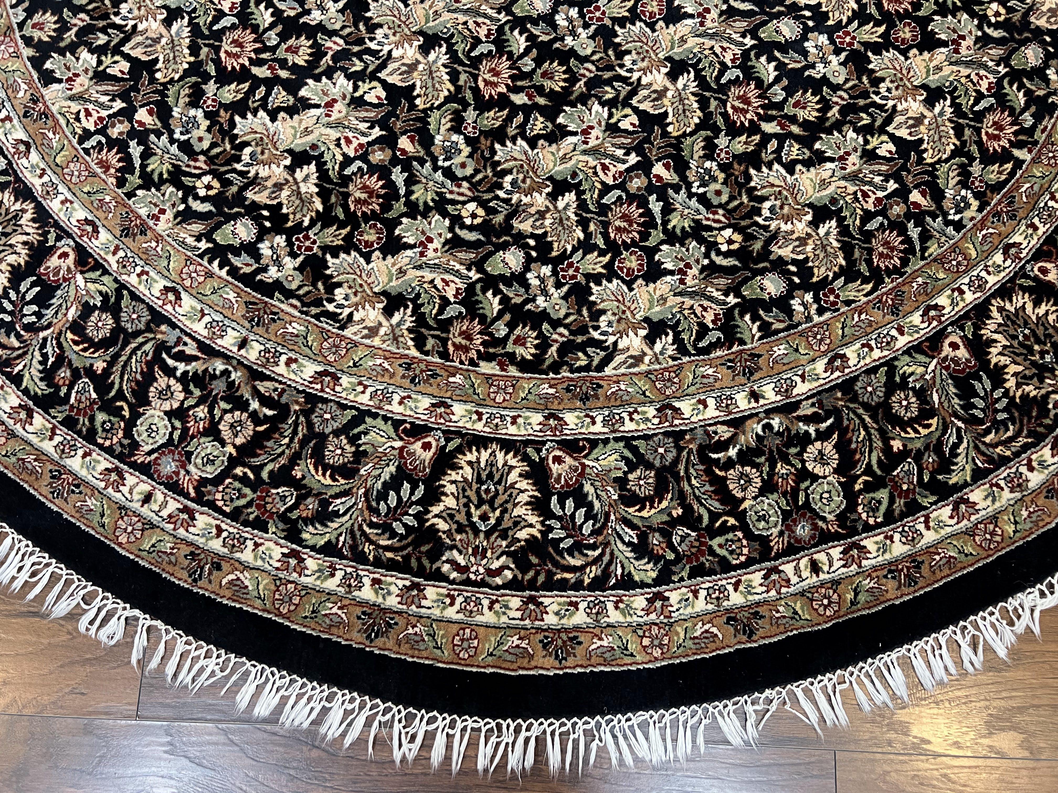 Round Oriental Rug 8x8 ft, William Morris Floral Pattern Carpet, 8 x 8 ft Round Rug, Black Cream and Tan 8ft Round Handmade Indo Persian Rug - Jewel Rugs