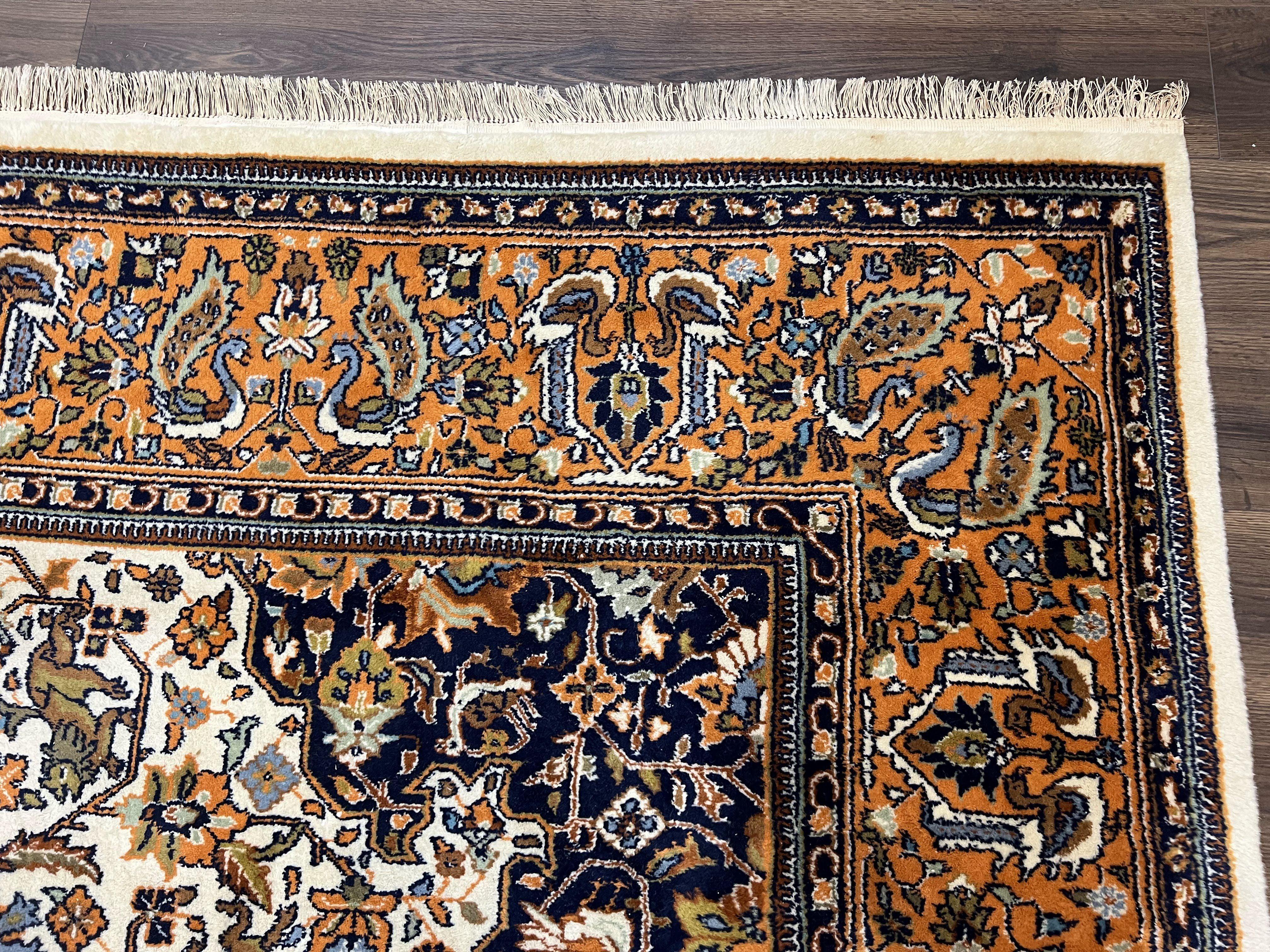 Indo Persian Rug 9x12, Animals Lions Peacocks Birds, Vintage Indian Oriental Carpet 9 x 12, Taba Tabaie, Wool Handmade, Cream Orange Navy - Jewel Rugs