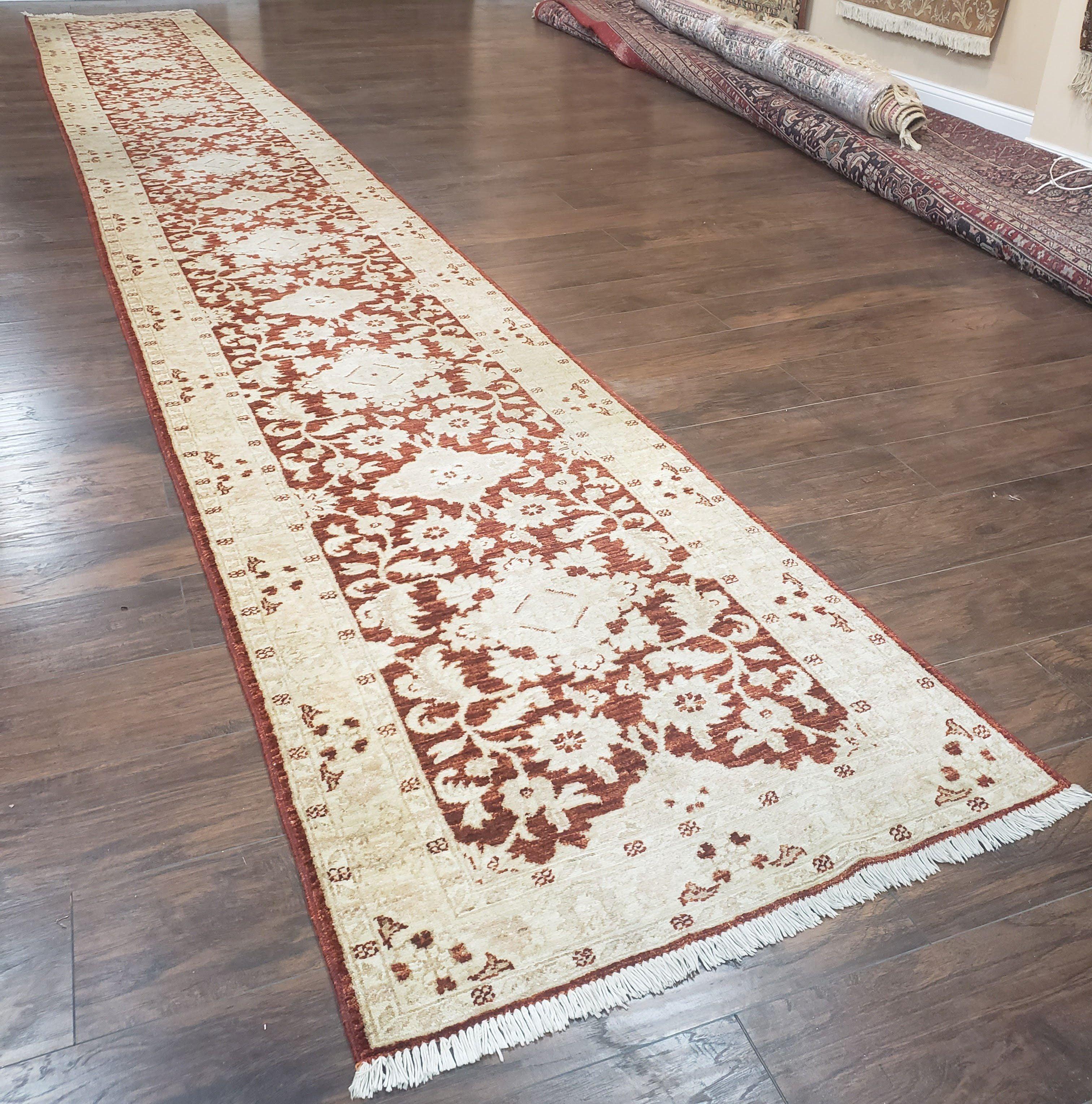 21 ft Runner Rug Long Hallway Runner, 3 x 21 Corridor Rug, Peshawar Pak Persian Chobi Agra Rug, Maroon and Beige Large Flowers Wool Handmade - Jewel Rugs