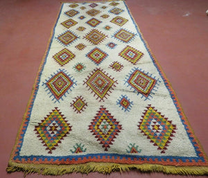 Moroccan Wide Runner Rug 3' 6" x 9', Vintage Azilal Berber Carpet Tribal Runner, Colorful Diamonds Ivory Orange Yellow, Soft Wool Handmade - Jewel Rugs