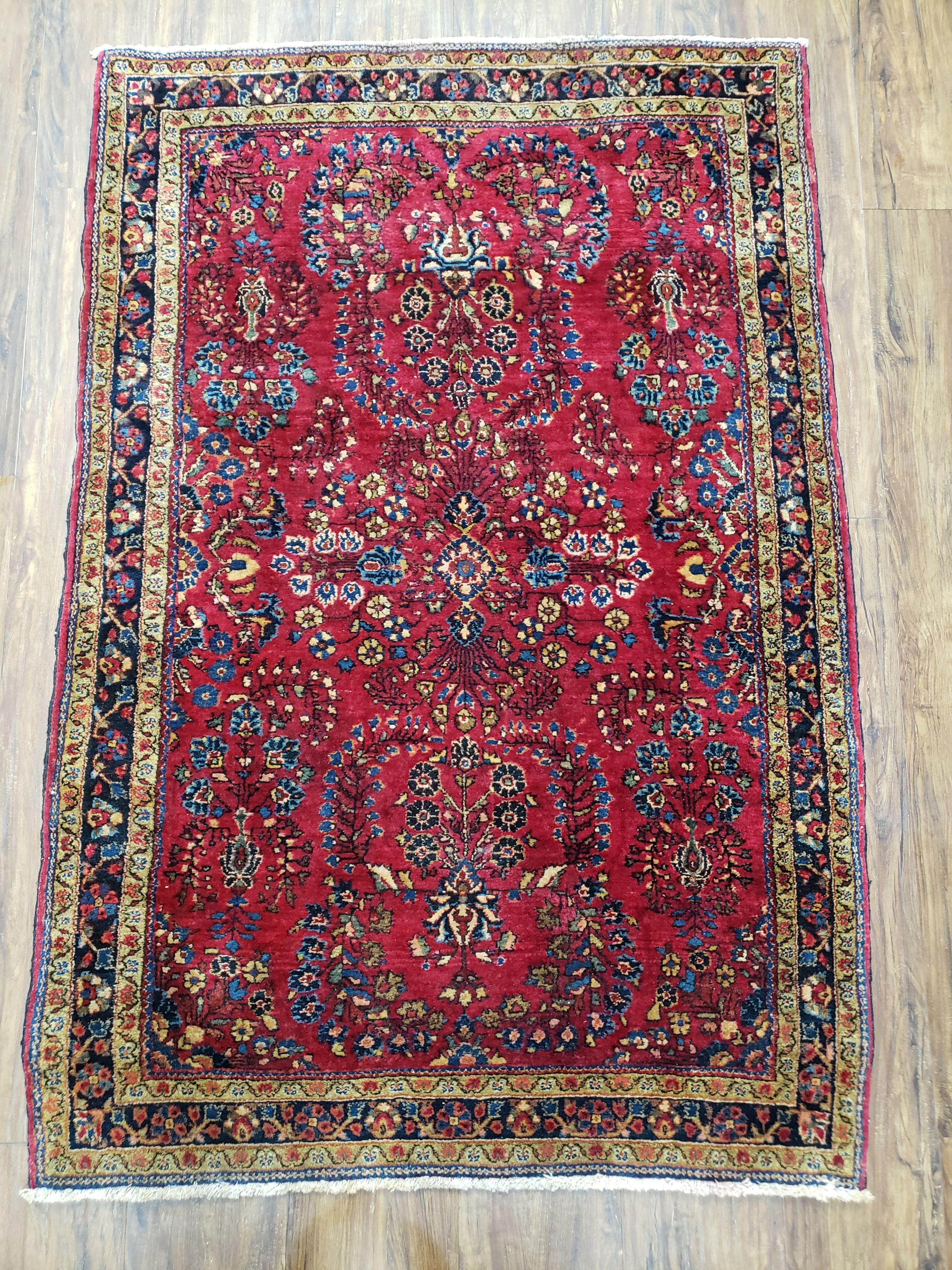 Antique Persian Sarouk Rug, Red, Allover Floral Pattern, Hand-Knotted, Wool, 3'4" x 4'11" - Jewel Rugs