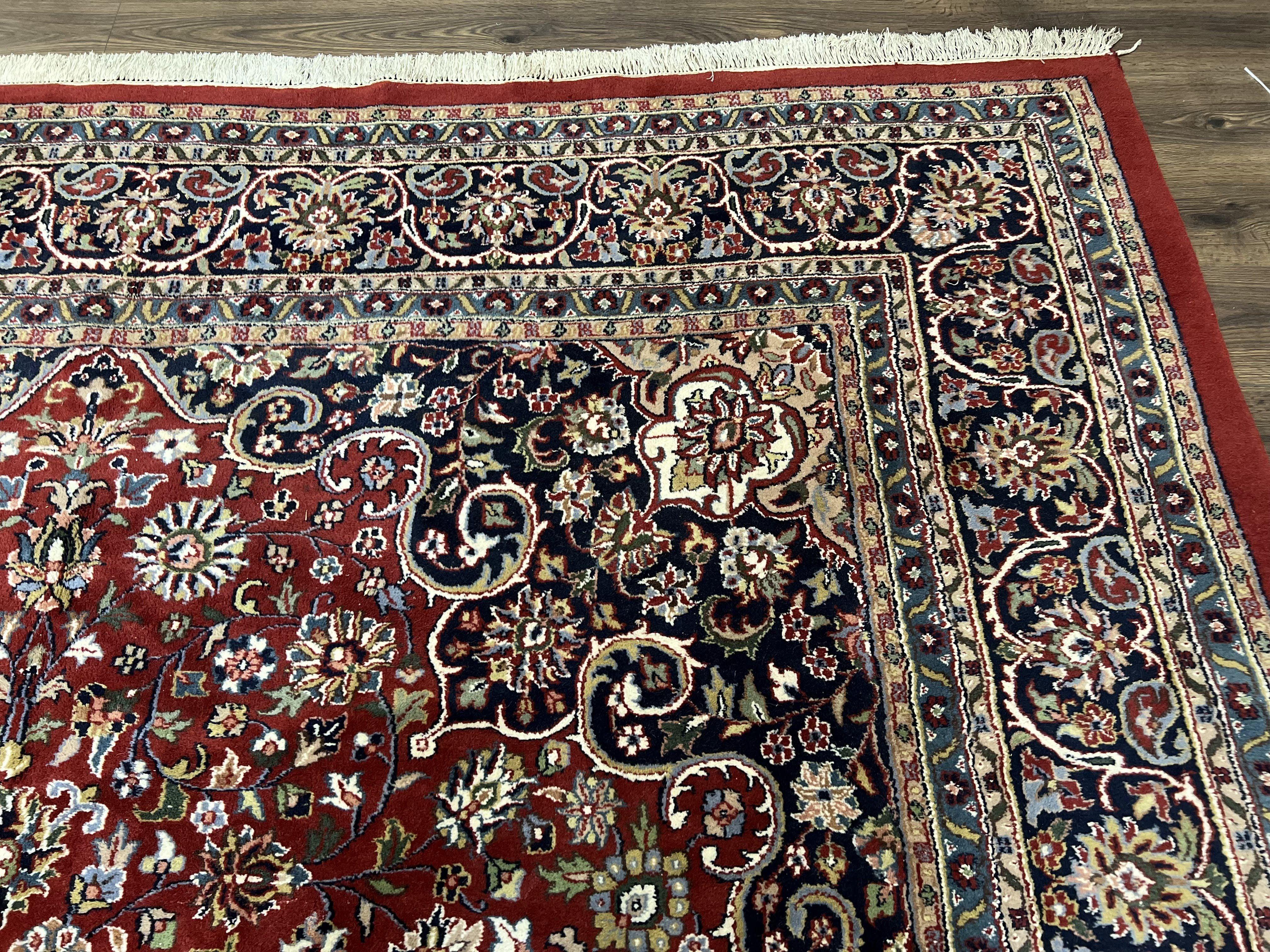 Large Indo Persian Rug 10x14, Wool Handmade Vintage Oriental Carpet Red and Dark Blue Medallion Rug Corner Design, Allover Floral Indian Rug - Jewel Rugs