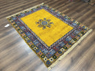 Bright Moroccan Rug 5x6, Rabat Rug 5 x 6, Mustard Yellow and Blue, Open Field and Medallion, Soft Wool Oriental Carpet, Handmade Vintage Rug - Jewel Rugs