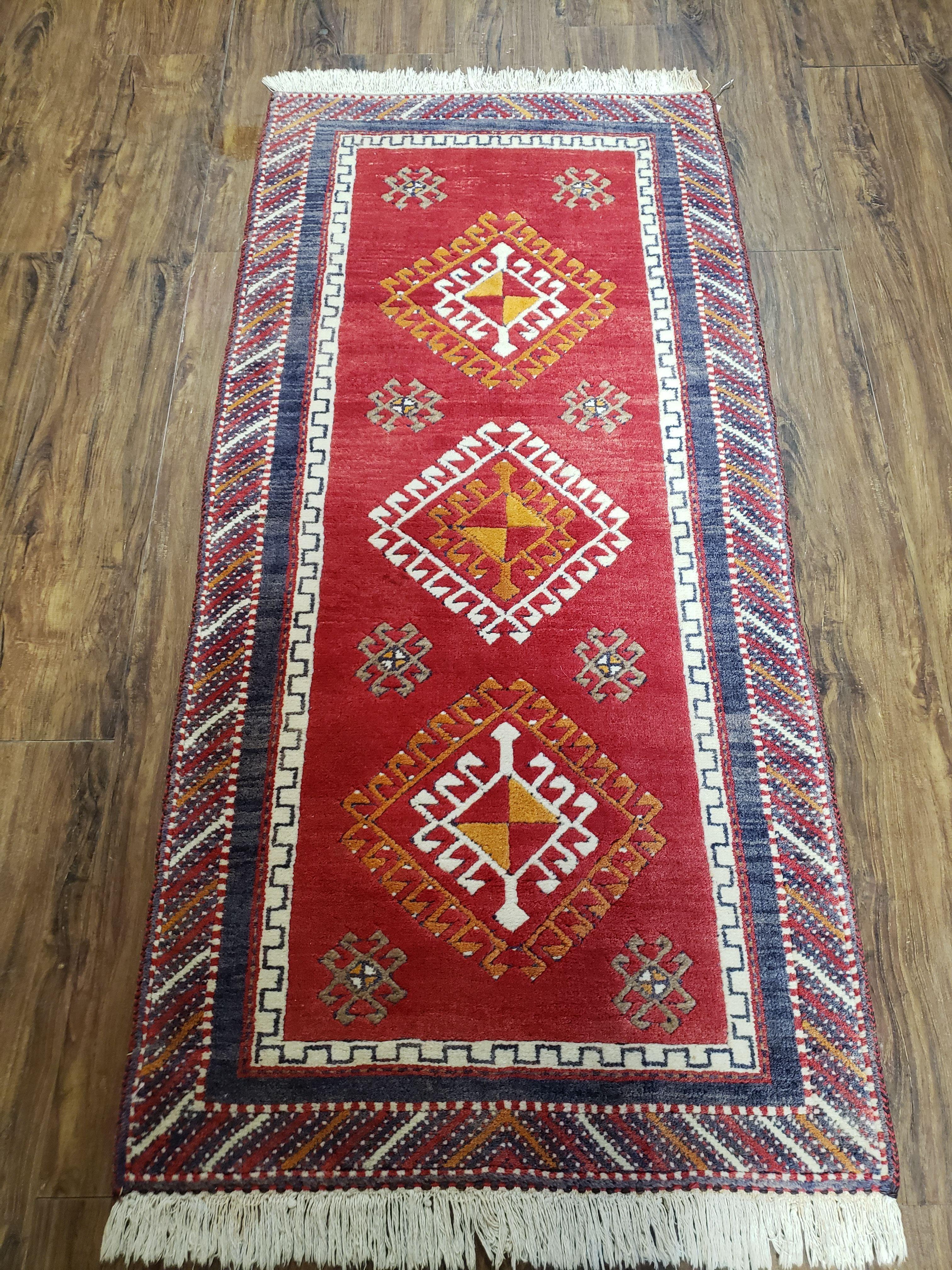 Vintage Turkish Kazak Rug 2.5 x 5 Red Wool Carpet Medallions Runner Geometric - Jewel Rugs
