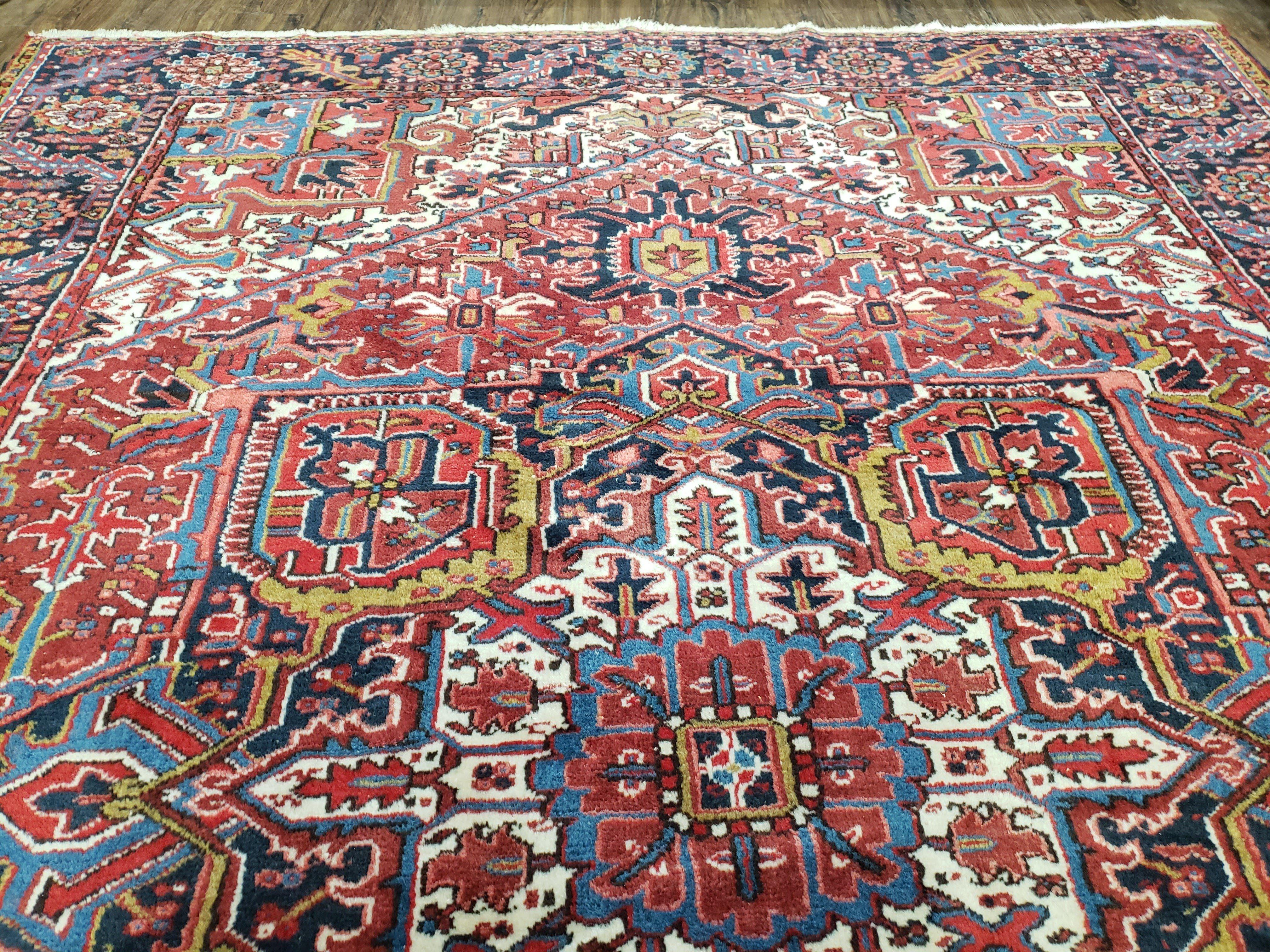 Antique Persian Heriz Rug, Red Dark Blue and Ivory, Wool, Hand-Knotted, Decorative, Tribal, 8' 4" x 11' 3" - Jewel Rugs